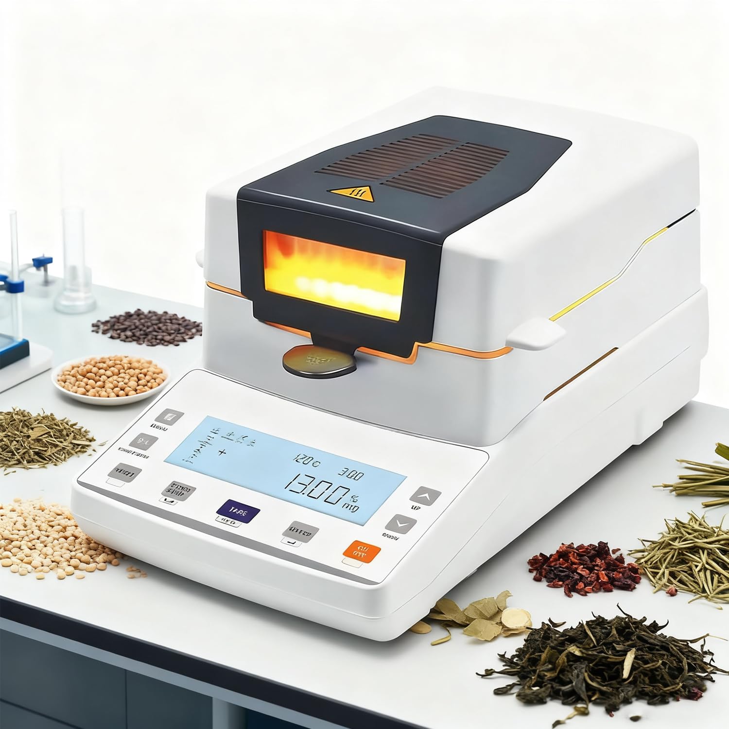 Analizzatore di umidità digitale, riscaldamento alogeno 40-199 °C, capacità 110 g, timer da 1 a 99 min, ideale per laboratori alimentari, cereali, farmaceutici, chimici, del suolo