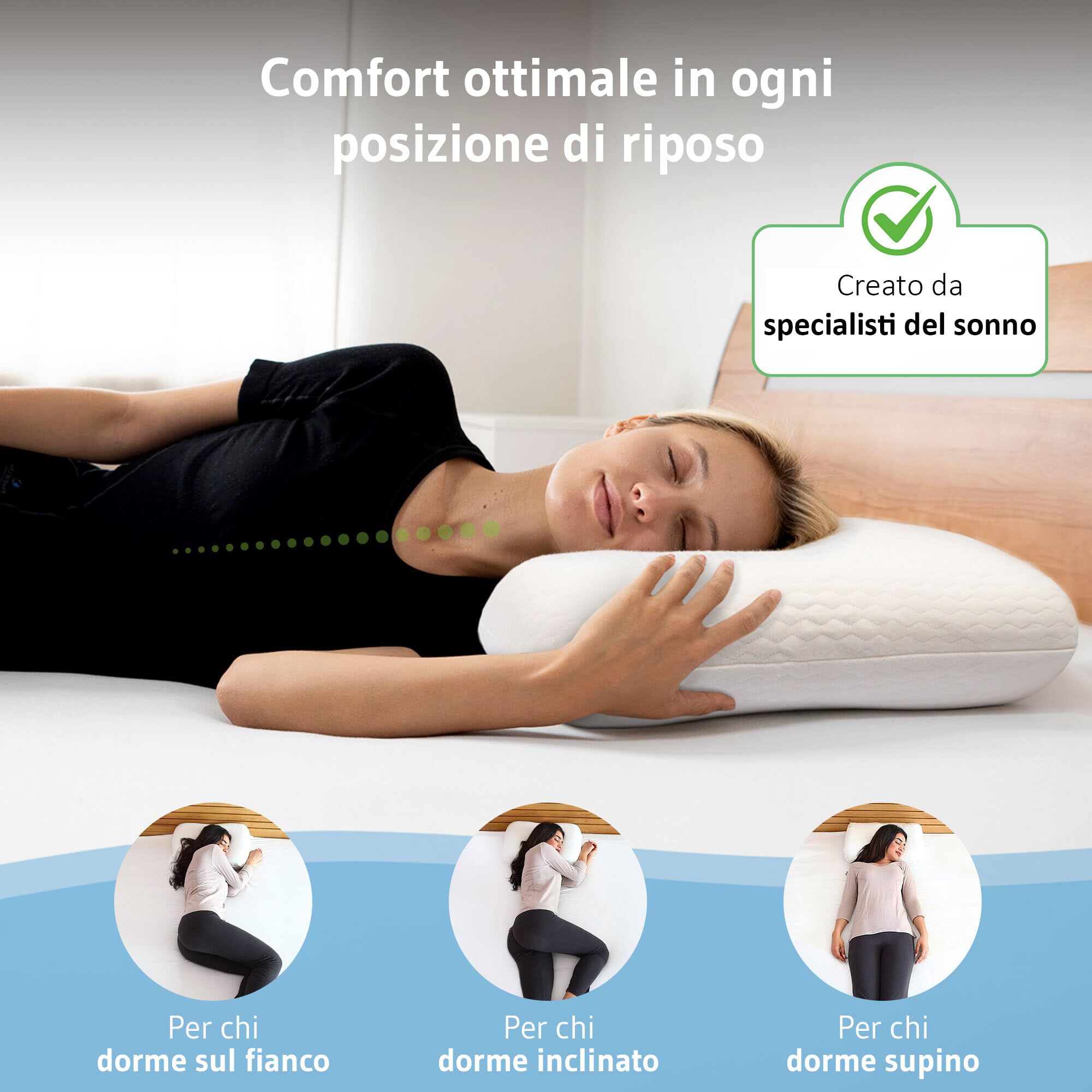 Cuscino ortopedico ELORA, cuscino in memory foam, con federa 79% cotone e 29% PES, cuscino di sostegno per il collo per chi dorme sul fianco e supino, cuscino ergonomico per la cervicale