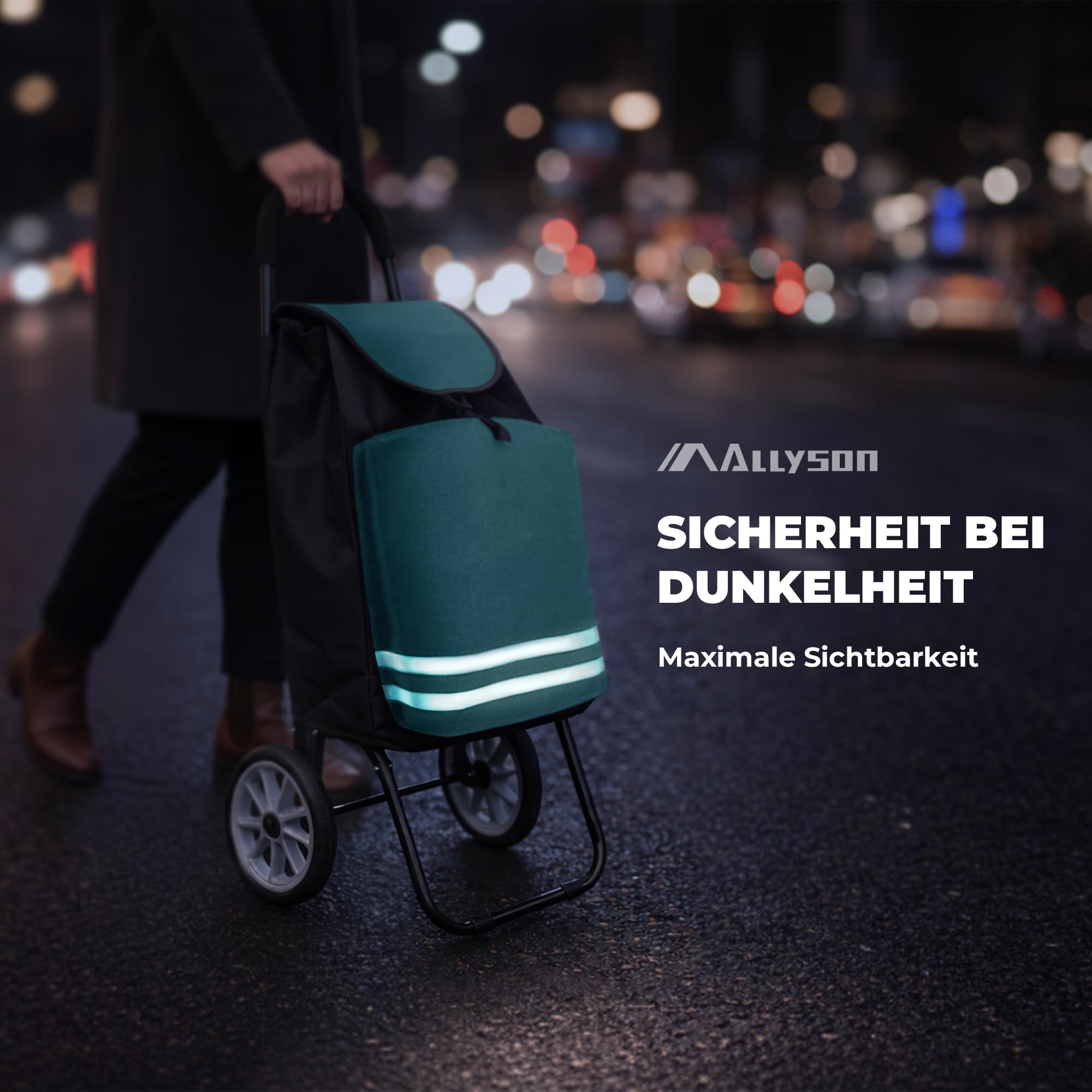 Allyson® Einkaufstrolley klappbar mit Reflektoren & Kühltasche, Einkaufswagen 45L Kapazität, Wetterfester Shopping Trolley, Treppensteiger Trolley mit Geräuschlosen Rädern & Abnehmbarer Tasche - Grün
