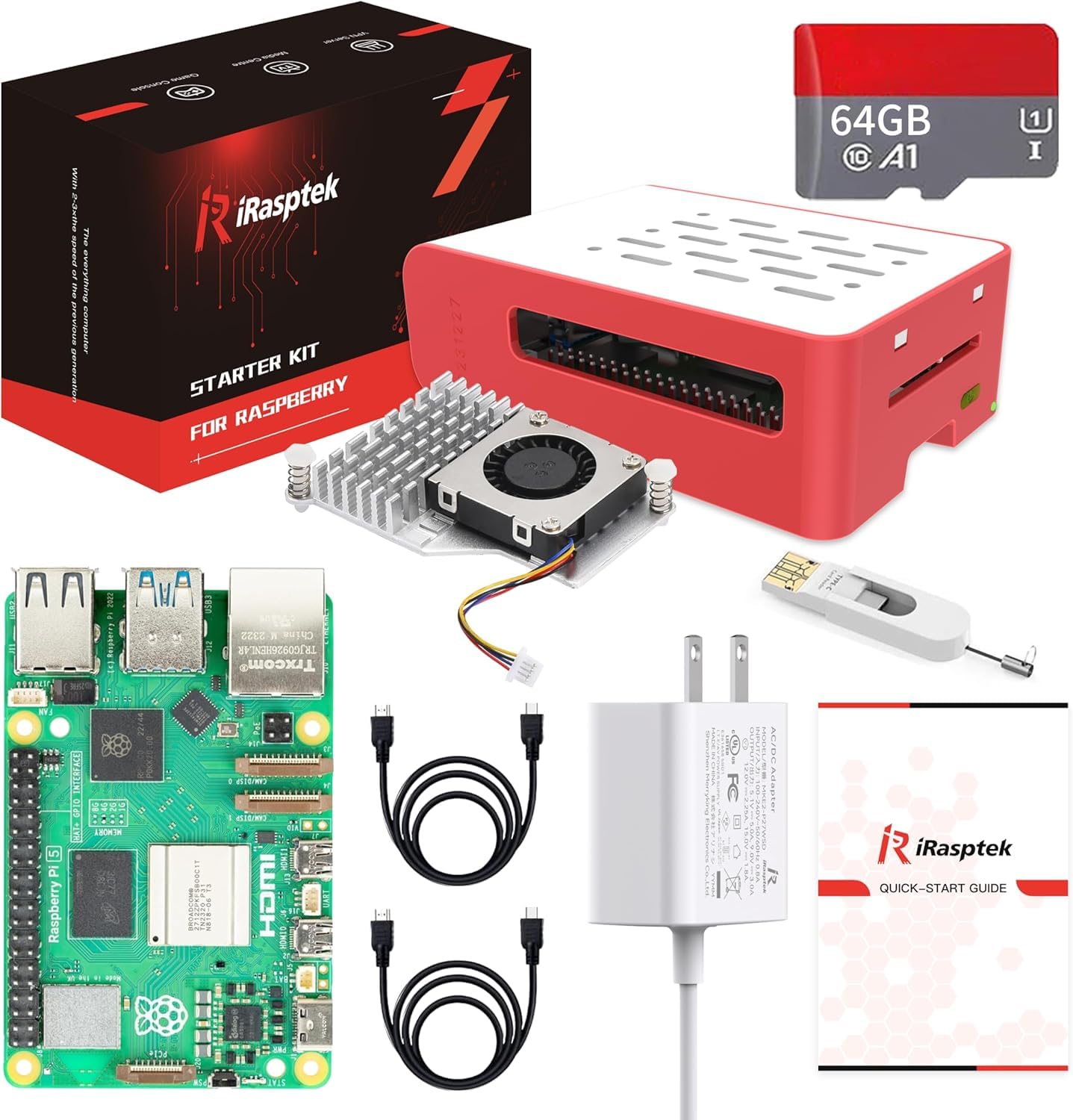 iRasptek Kit de inicio para Raspberry Pi 5 RAM 4 GB- 64 GB edición de OS-Bookworm precargado (funda roja y blanca)