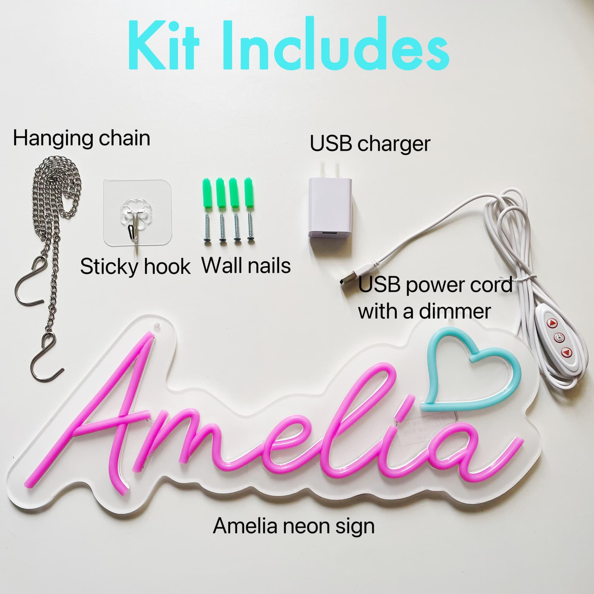 Amelia neonowa tabliczka z imieniem, neonowa lampka Amelia, lampka nocna LED, do sypialni, dekoracja ścienna w akademiku i prezenty, regulowana jasność, zasilanie przez USB (Amelia - różowa)