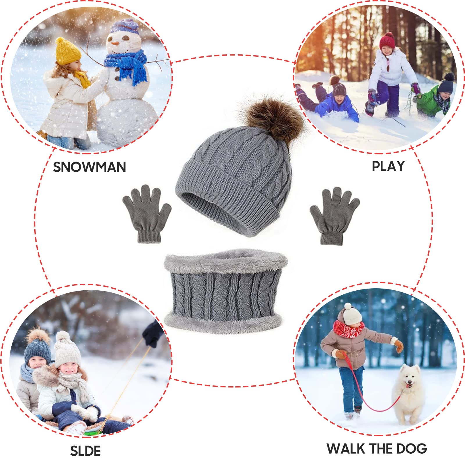 DOPI Kids Winter Hat Scarf Gloves Set, Plush Warm for Outdoor Travel Walk Snow Prevent Cold for Girls Boys 2-8 Years 3 Pcs (Black)