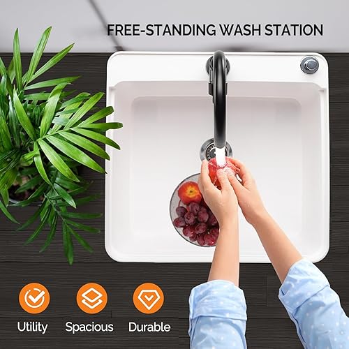 Miniatura 9 de VINGLI Fregadero utilitario para lavadero, fregadero independiente con grifo de acero inoxidable (blanco, 19.7 pulgadas de ancho x 18.9 pulgadas de