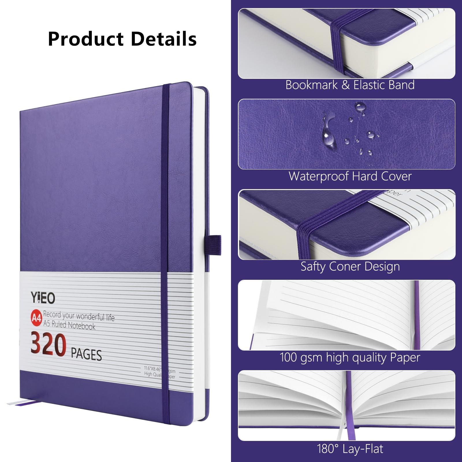 Notebook A4, Thick A4 Notebook Hardback Journal Notebook 320 Pages 100GSM A4 Lined Note Book - Image 3