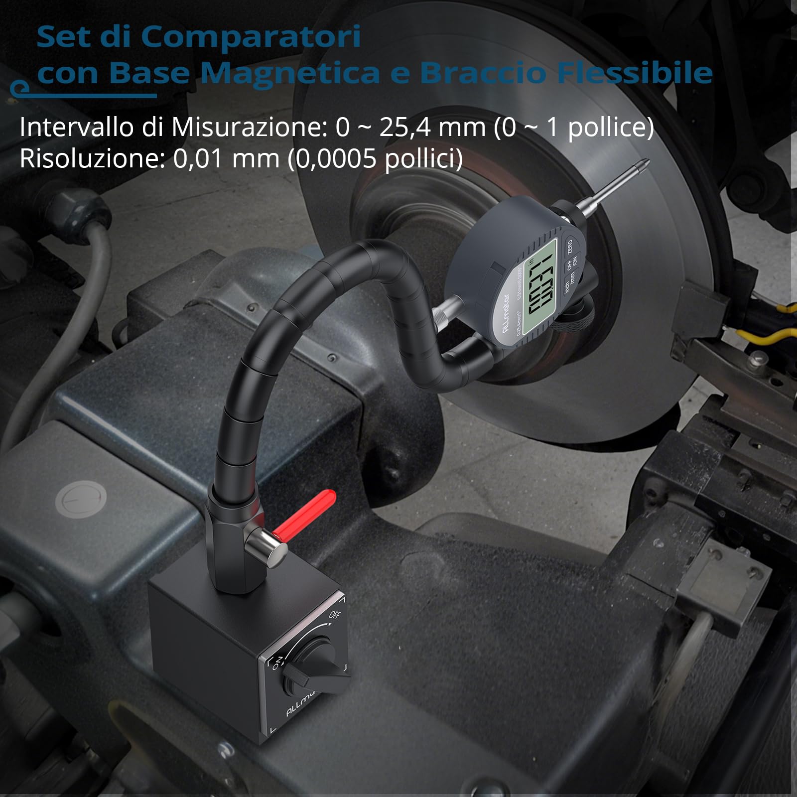 LCD Comparatore Centesimale 0-25.4mm con Base Magnetica Flessibile 80KG, Controllo ON/OFF, Indicatore Digitale di Precisione 0.01mm/0.0005" con Braccio Regolabile e Valigetta