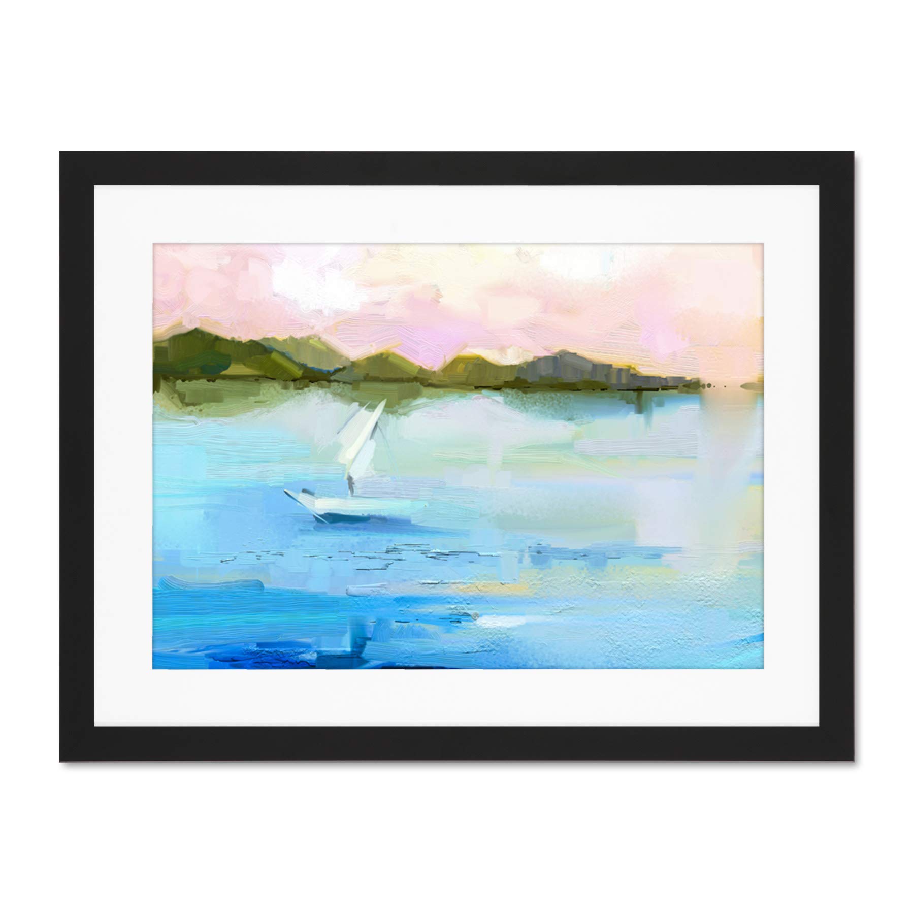 Wee Blue Coo Abstract Seascape With Boat Large Framed Art Print Wall Poster 18x24 inch