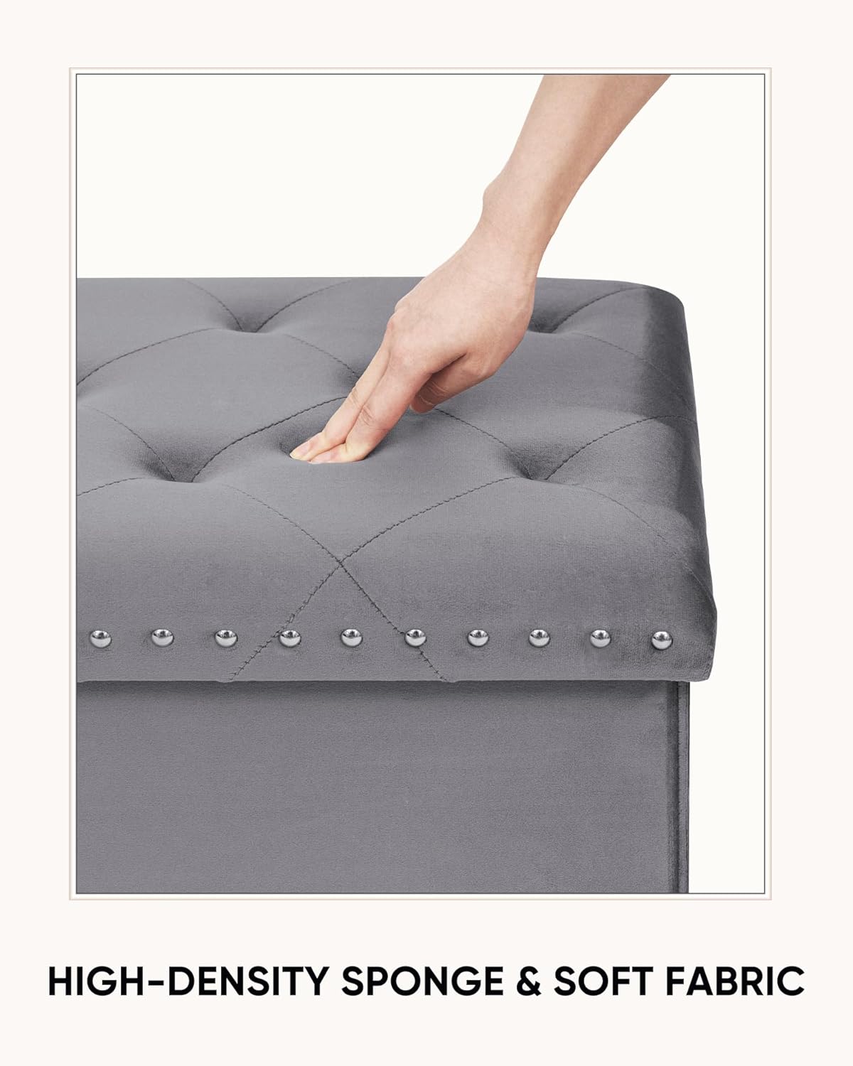 Velvet Storage Ottoman Bench, 43.3" Upholstered Tufted Ottoman with Storage, Folding Footrest Bench for Bedroom, Living Room, or Entryway, Grey - Image 5