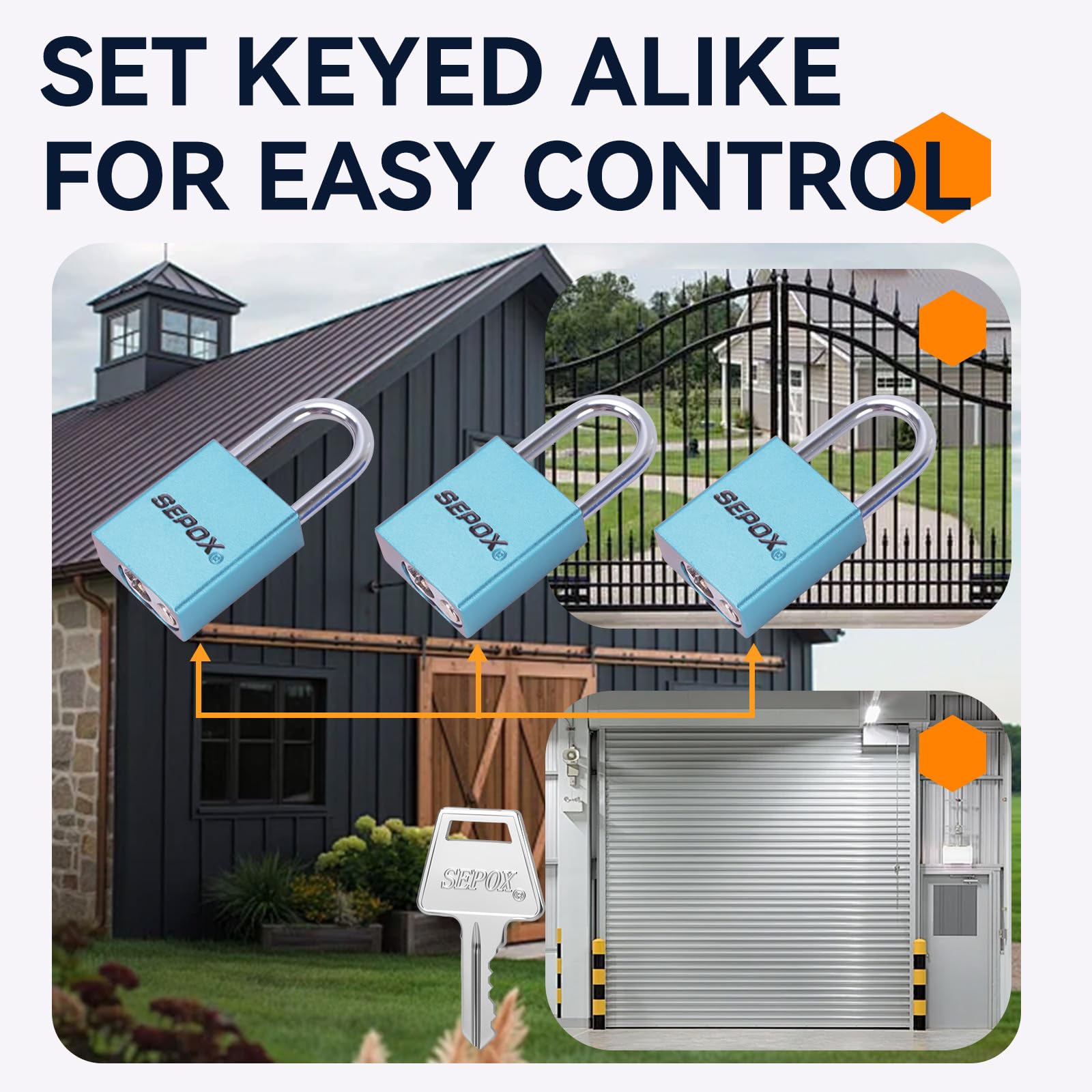 SEPOX® Candados ultra resistentes a la intemperie, juego de 4 candados de aluminio azul con 8 llaves iguales, alta seguridad para exteriores e industriales como bloqueo, puertas, almacenamiento,