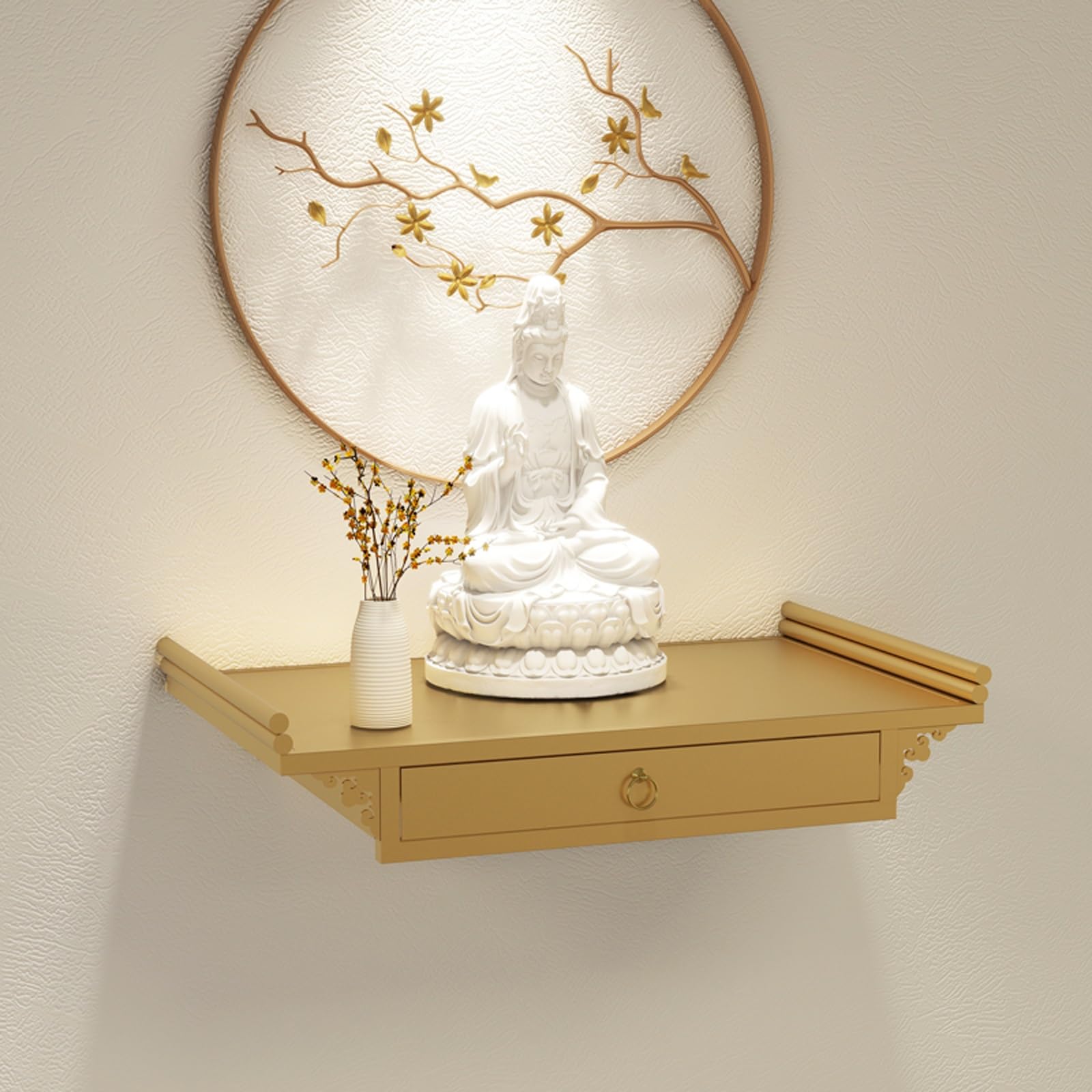 JNTFNE Buddha shelf,Household Cabinet，Wall-Mounted with Drawer，Personal Shrine Altar Table Buddhist Offering Niche for Pooja and Incense Tribute(GOLD,Small)