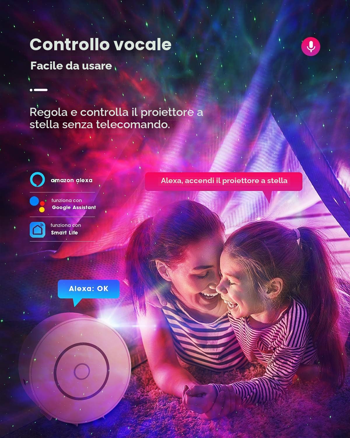 LED Lampada Proiettore Stelle, Smart Luce Notturna Bambini Adulti Galaxy Proiettore Lampada con Regolazione RGB/Controllo vocale/WiFi/Timer Compatibile Google Assistant - Plastica (Bianco)