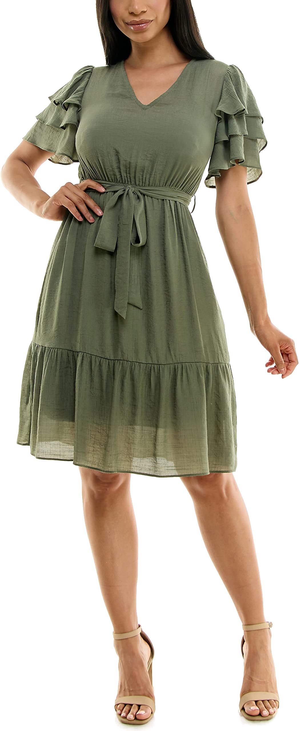 Nanette Nanette Lepore Women's Carribean Texture Dress with Self Tie Belt and Tiered Flutter Sleeve