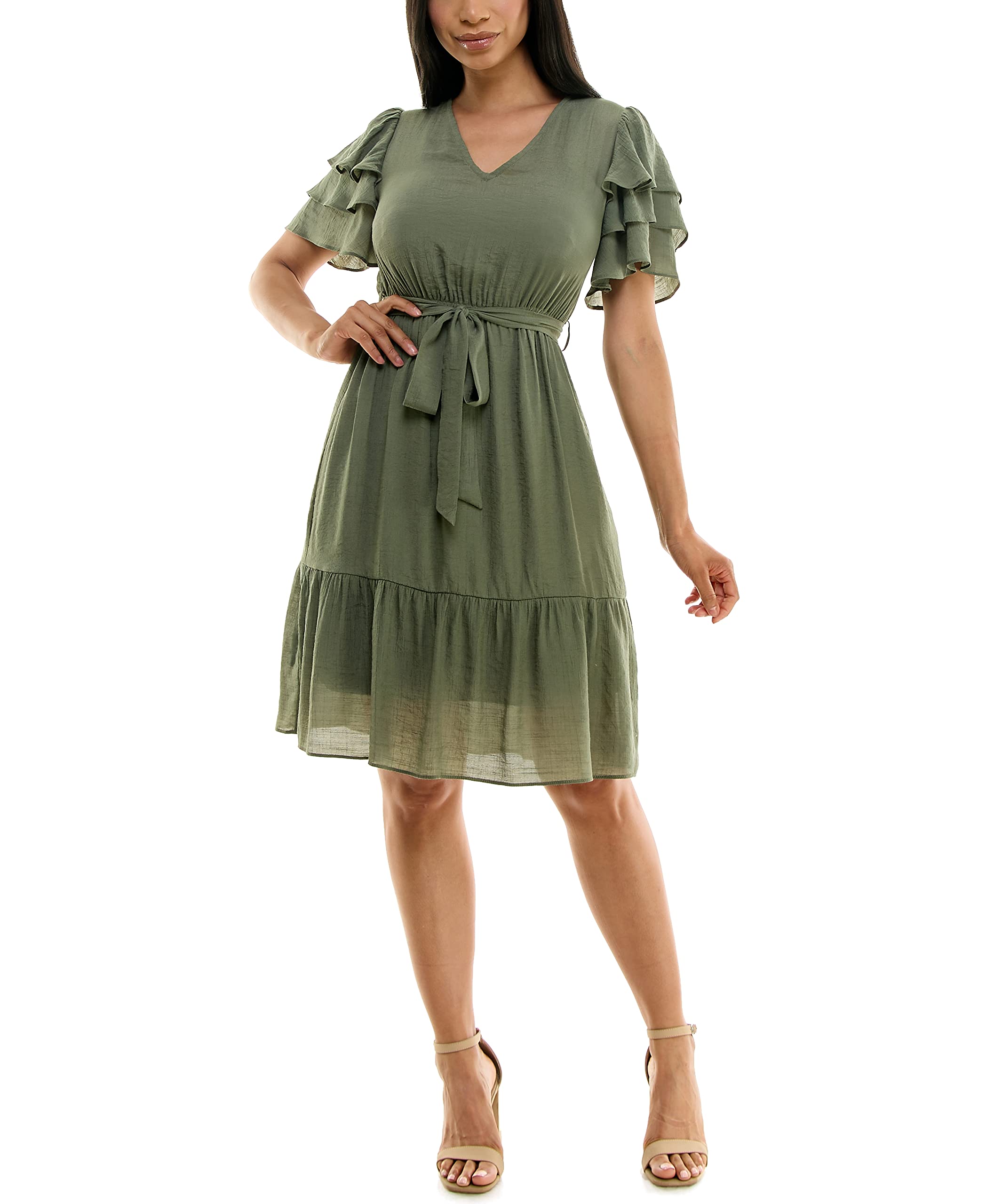 Nanette Nanette LeporeNanette Nanette Lepore Women's Carribean Texture Dress with Self Tie Belt and Tiered Flutter Sleeve