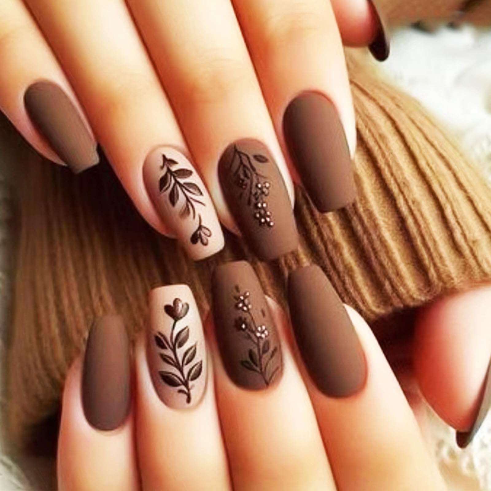 Brown Rose Press on Nails Medium Coffin Valentines Acrylic Fake Nails 24Pcs Glossy White Flower False Nails Leaves Stick on Nails Valentine's Day Gift