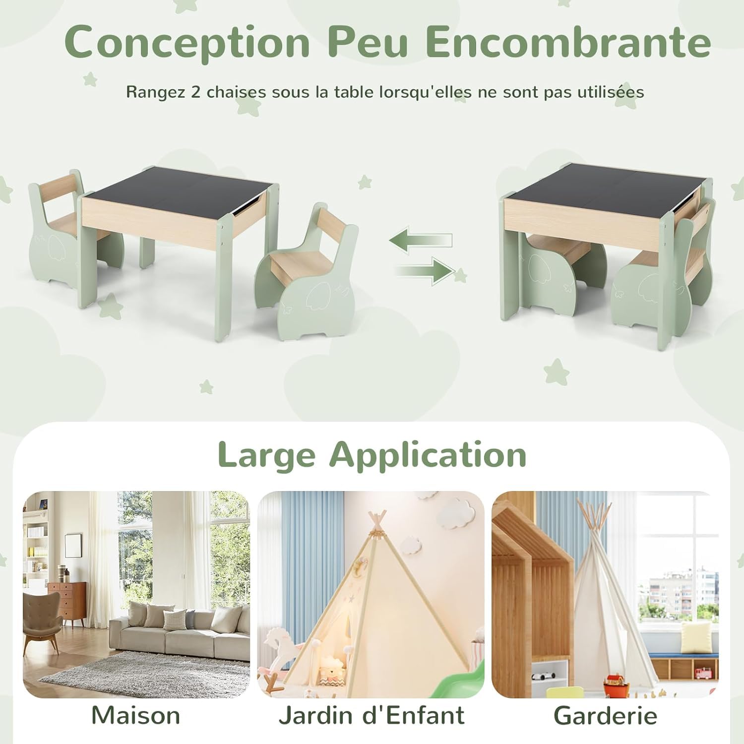 GOPLUS Table Enfant avec 2 Chaises, 4 en 1 Table d’Activité avec Plateau Rabattable à Double Face Tableau Noir/Blanc, Petit Bureau Enfant avec Rangement pour 3-6 Ans, Charge 30KG, Vert