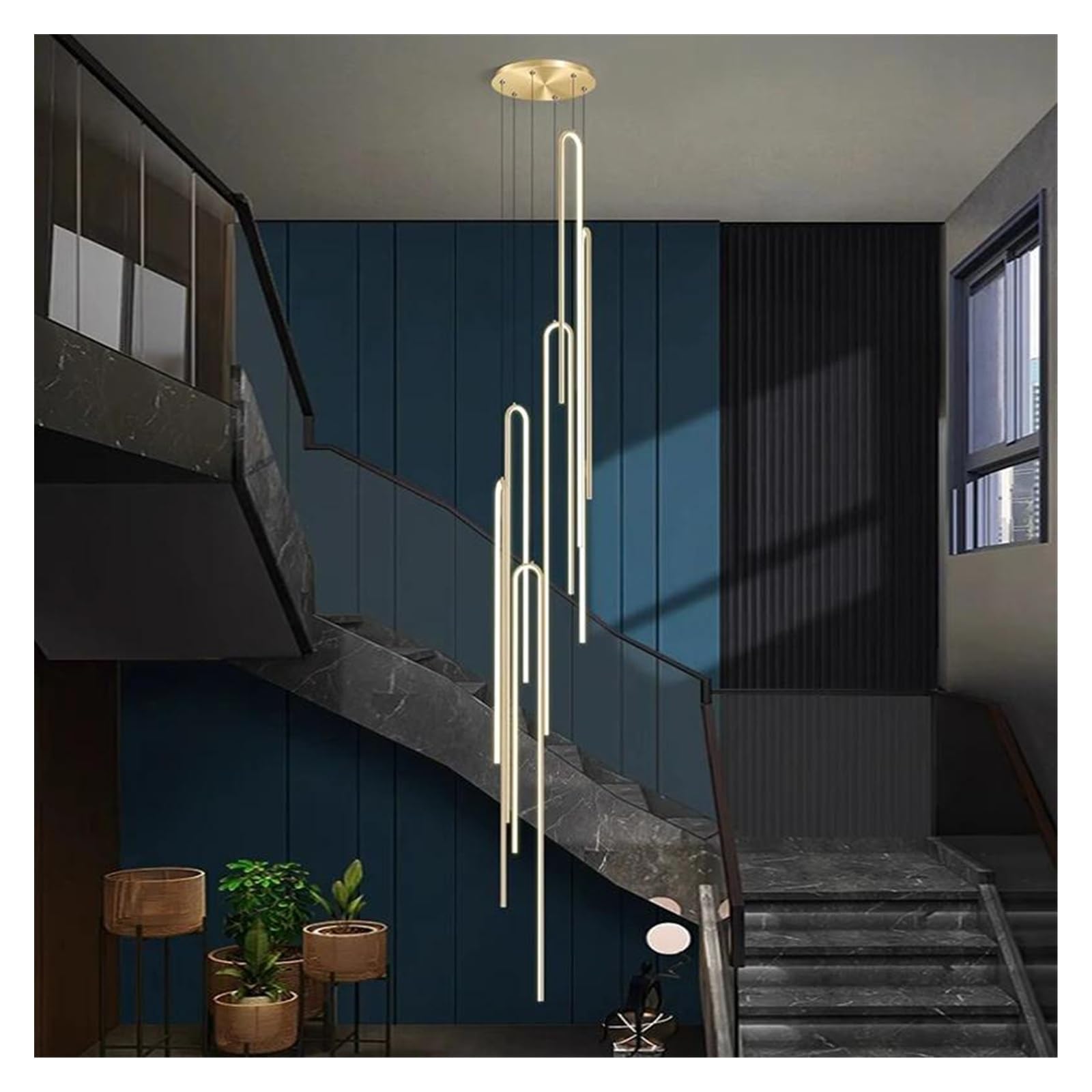 ASerZenith Modern Led Long Strip Chandelier Staircase Lustre Living Room Home Decoration Ceiling,Hanging Light,Rc Dimmable-Gold 6 Head
