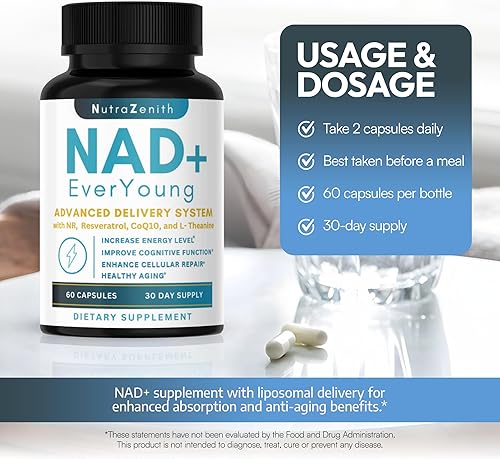 Miniatura 4 de Suplemento NAD+ con ribósido de nicotinamida (alternativa NMN), CoQ10 y resveratrol - 60 cápsulas para un apoyo saludable al envejecimiento, impulso