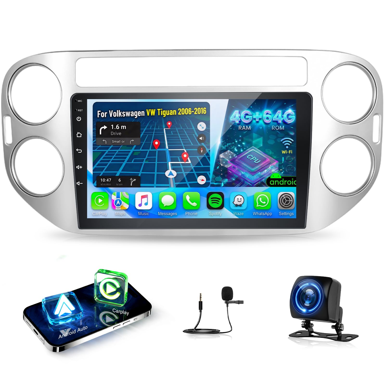 4G+64G Android Autoradio pour Volkswagen VW Tiguan 2006-2016 avec Carplay & Android Auto sans Fil, Écran Tactile IPS 9 Pouces avec GPS, WiFi, 32EQ, Bluetooth 5.0, Radio FM/RDS