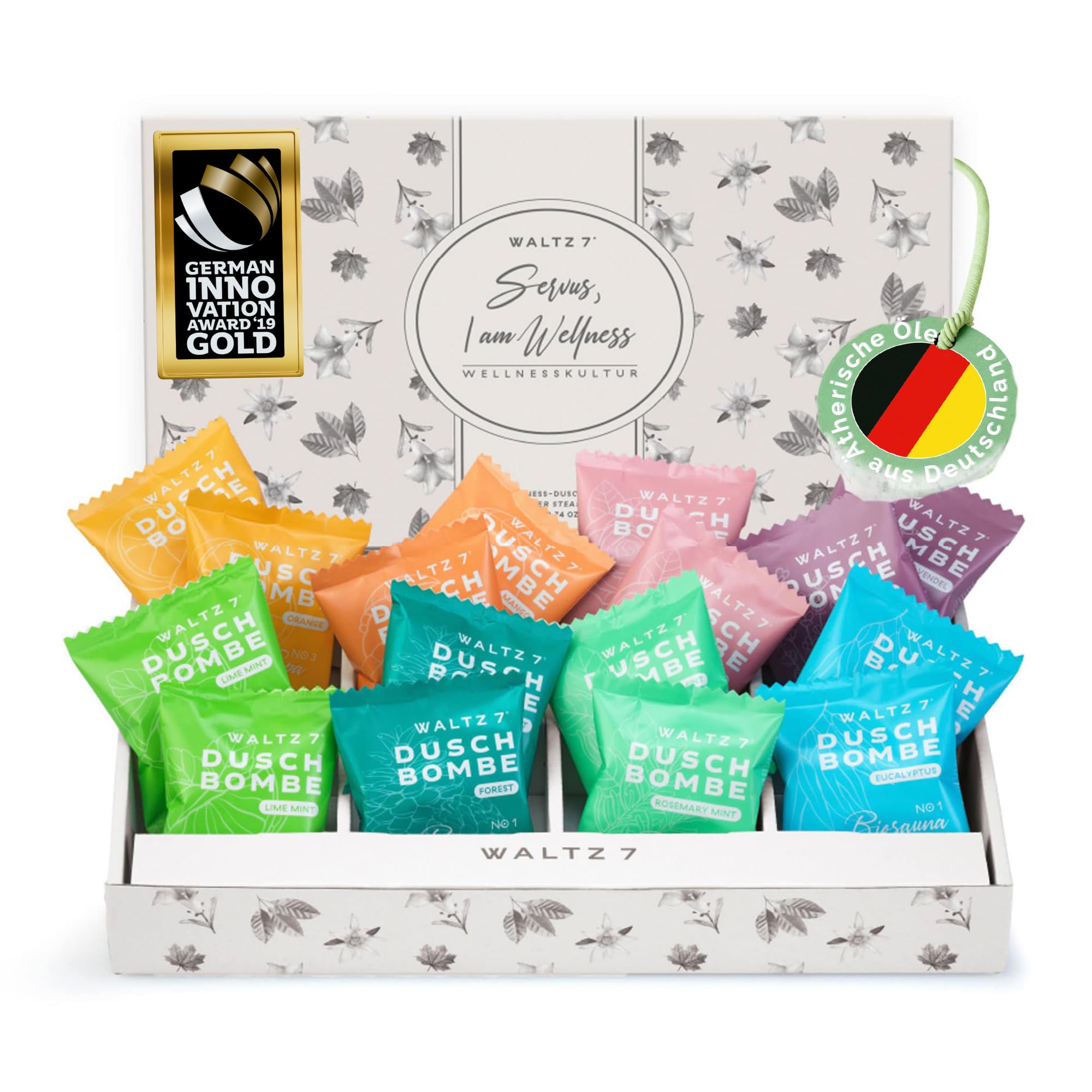 WALTZ 7 Original Duschbomben Set, 16 Stück, 8 Düfte, Dankeschön Geschenk für Frauen, Männer, Geburtstagsgeschenk Freundin, Mama, Papa, Geschenkbox, Geschenkidee, Adventskalender Füllung Kleinigkeiten