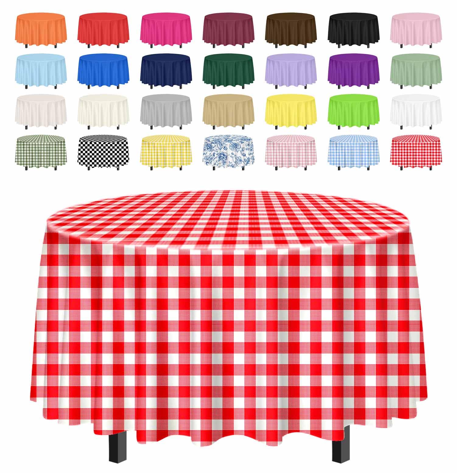 SietDESEO 4 Pack Red Gingham Tablecloth Round 84 x 84 Red and White Checkered Table Cloth Disposable Plaid Table Cover for Camping Picnic Wedding
