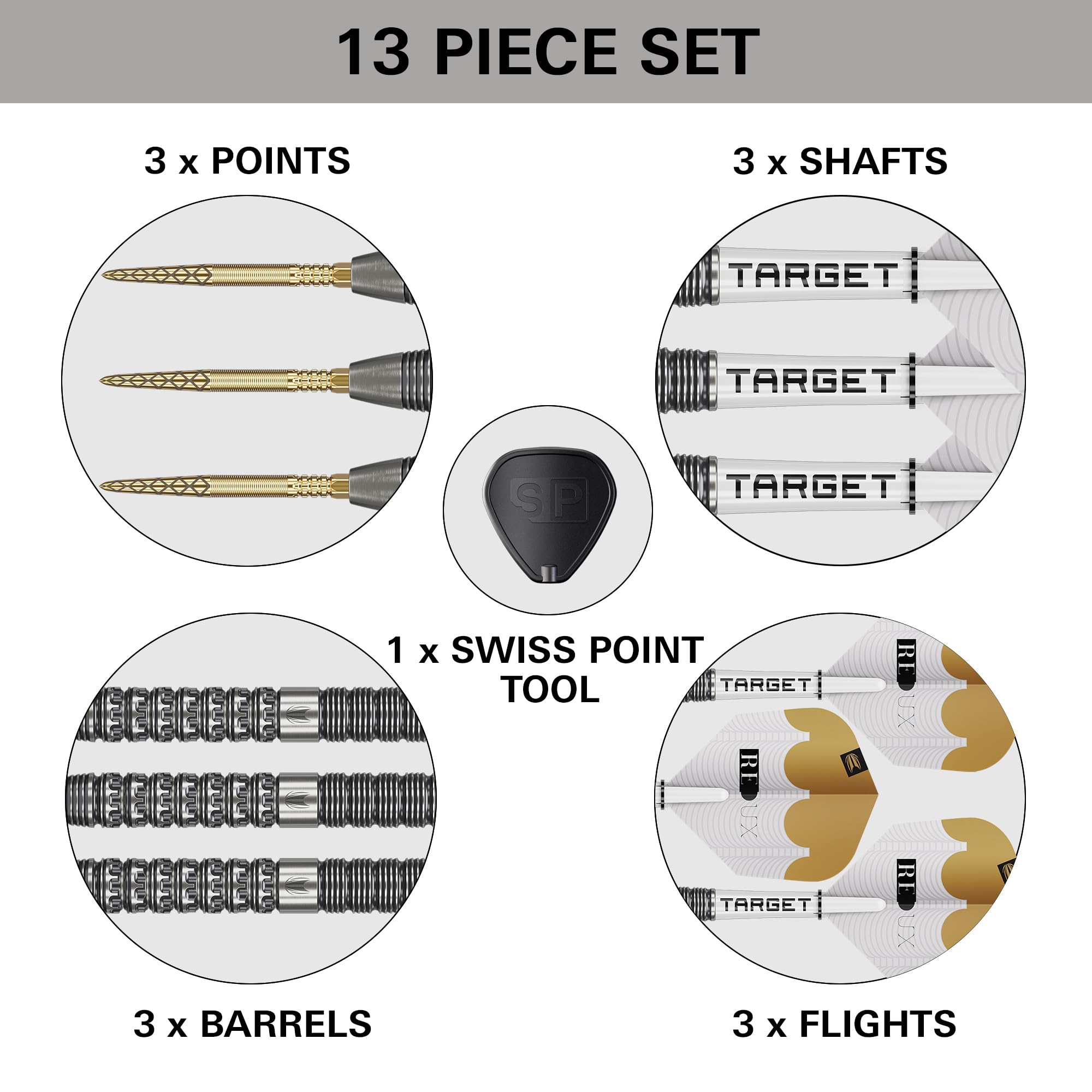 Target Darts Redux 90% Tungsten Swiss Point Steel Tip Dart Set (Barrel 01/02/03), 22G/23G/24G/25G/26G | Pro Ultra Nr. 6 Flights & Pro Grip Tag Shafts, DX Points Gold & SP-Werkzeug inklusive
