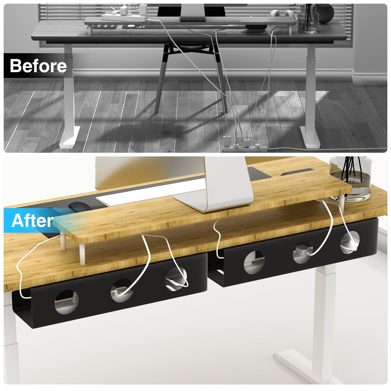 Bandeja autoadhesiva de gestión de cables debajo del escritorio, 2 unidades, organizador de cables de acero para debajo del escritorio, organizador de regletas de alimentación, sin taladro,