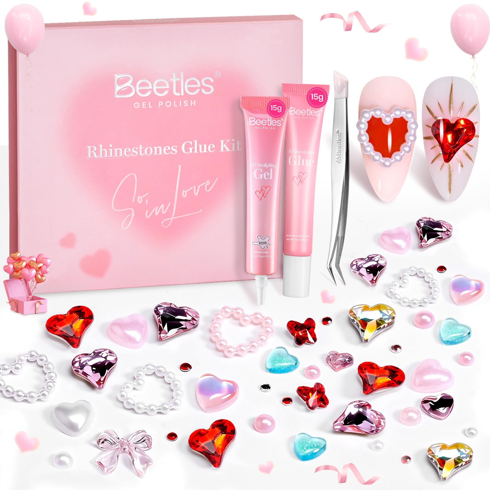 Beetles Heart Nail Art Kit 3D Rhinestone Charm Set with Sculpting Gel and Glue Valentines Day Nail Decorations
