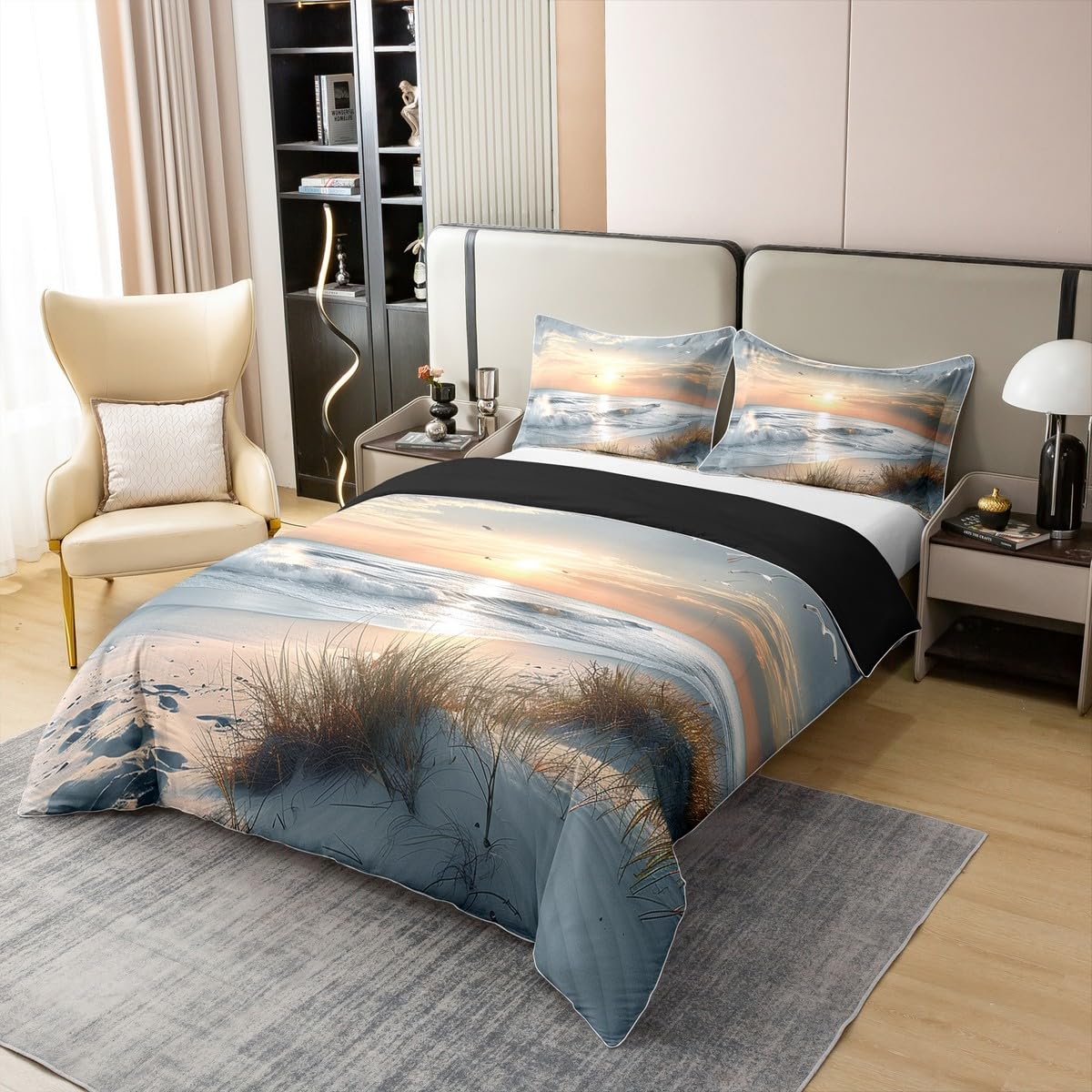 Homewish Ozean Baumwoll Bettwäsche Sonnenuntergang Deckenbezug 135x200 Möwen Wellen Strand Segeln Bettbezug Jugendliche Botanisch Bettset 2 Teilig