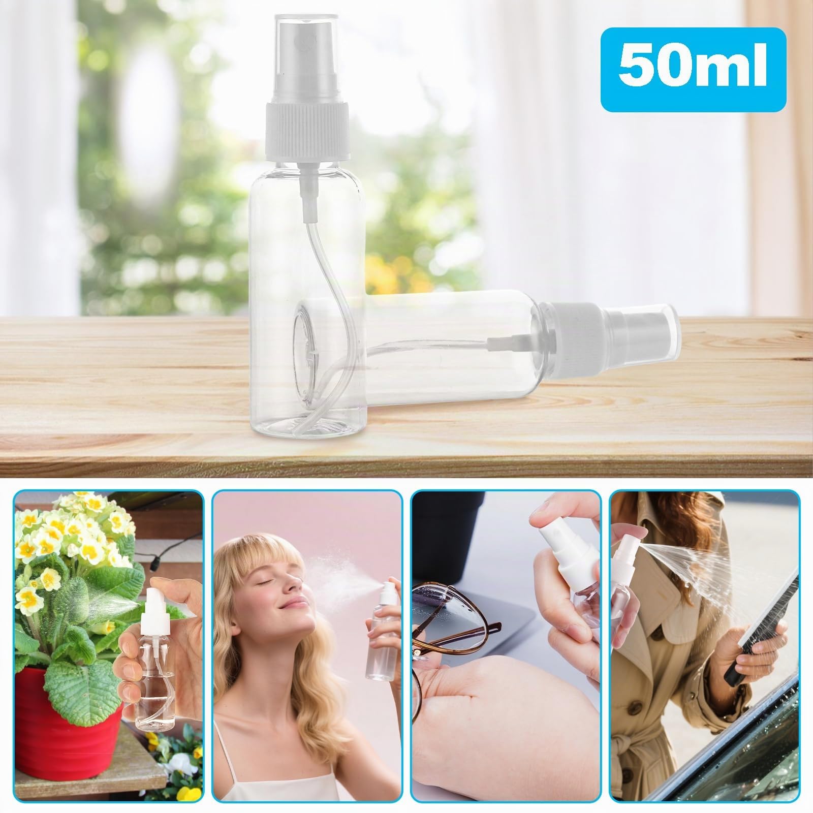 MIVIDE 50ml Bote Spray Pulverizador, Botellas de Spray Vacio, 60 Piezas | Spray Fina, Transparente, PortáTil Botella Rellenable para Viajes, para Aceites Esenciales, Limpieza, Perfume