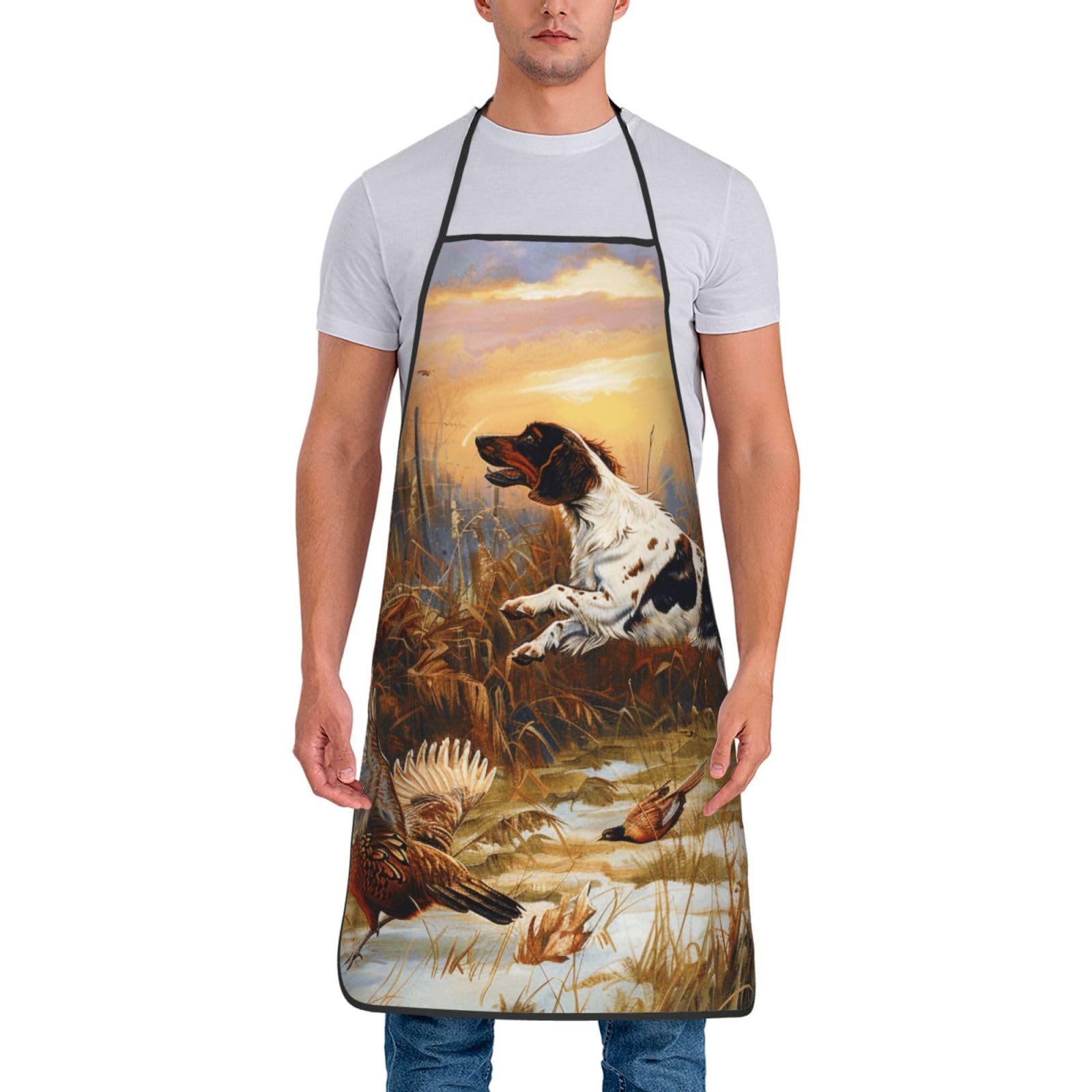 Jkseepyn Unisex Dog Catching Pheasant Prints Cooking Apron For Men Women Waterproof Apron For Kitchen Cooking Baking Gardening Restaurant Bbq Coffee House