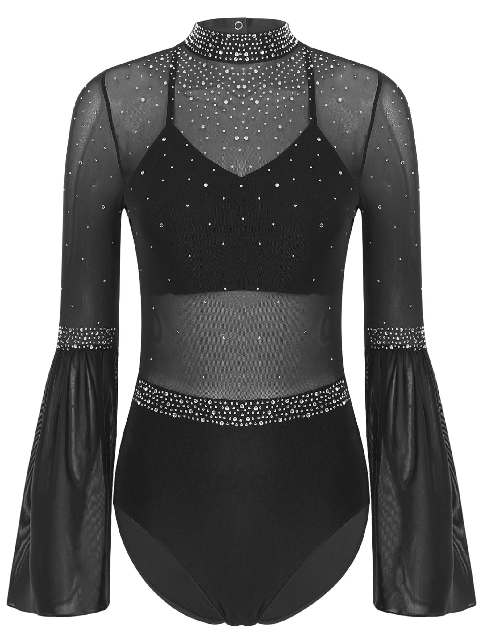 Ballett Body Damen Glitzer Trompetenärmel Turnanzug Mesh Patchwrok Tanzbody Stehkragen Turntrikot Cut Out Leotard Tanzanzug