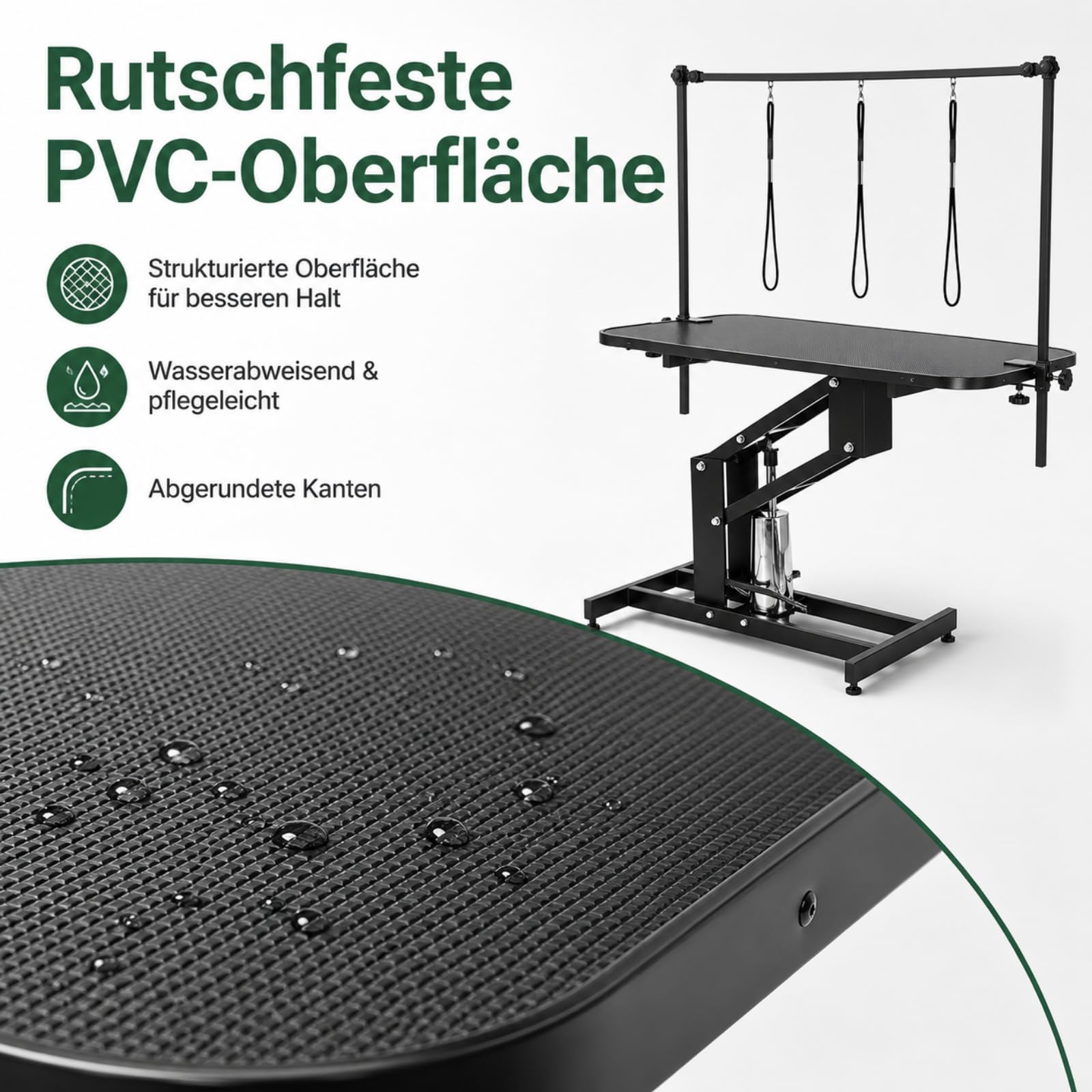Hundepflegetisch hydraulisch, höhenverstellbarer Trimmtisch Hund 57–98 cm, 110 × 60,8 cm Pflegetisch für große Hunde, rutschfeste PVC-Oberfläche, 3 Nylon-Halteschlaufen, Schwarz