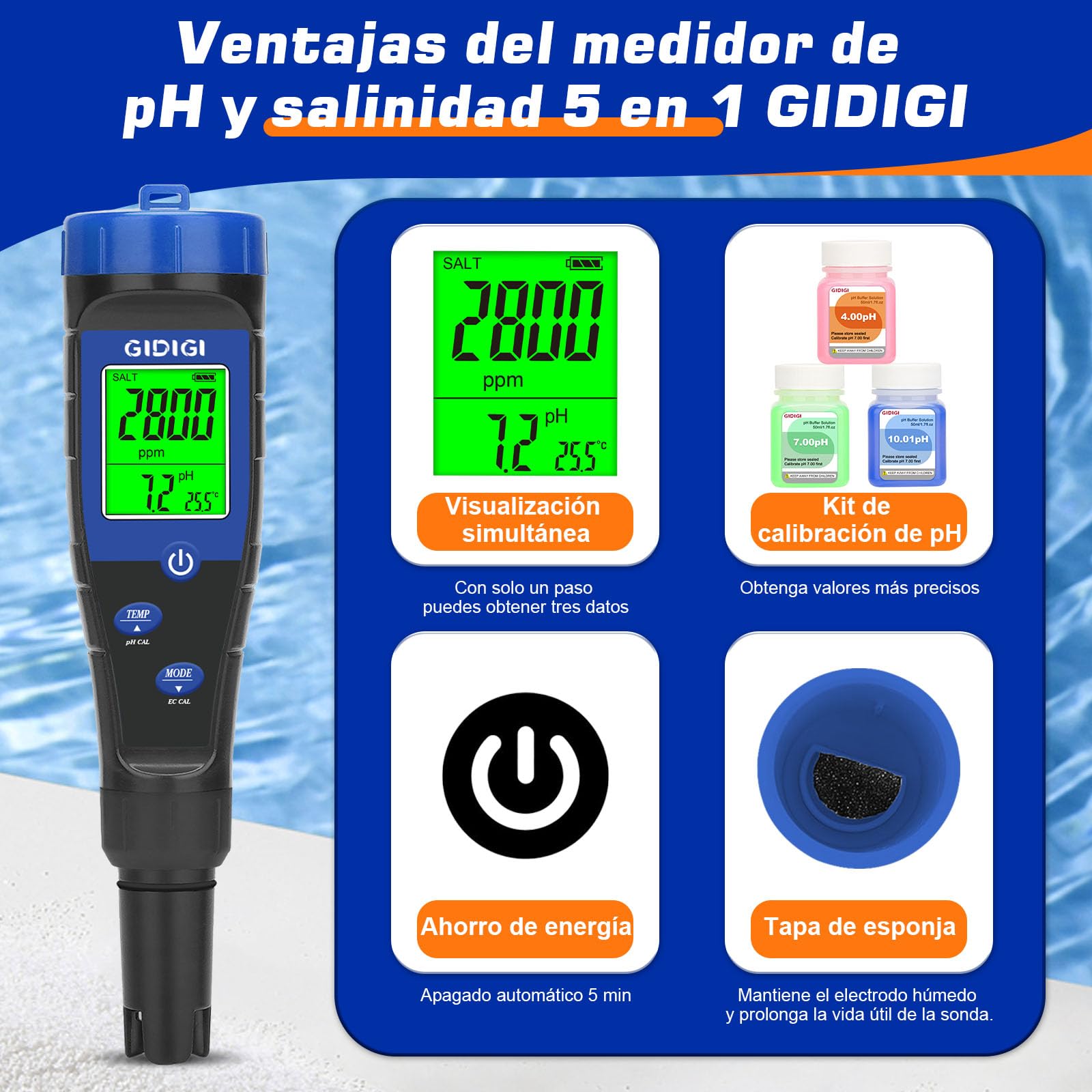 Medidor de pH, probador de sal para piscina, 5 en 1, probador de TDS EC pH con líquidos calibración, medidor ppm pH para piscina agua salada, acuario, spa, hidroponía, cerveza
