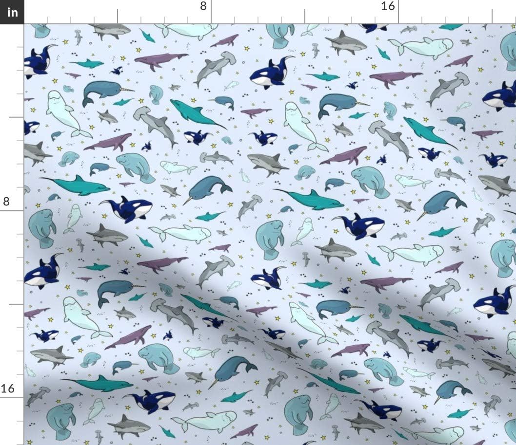 Spoonflower Fabric - Ocean Blue Sea Animals Whale Beluga Manatee Printed on Petal Signature Cotton Fabric by The Yard - Sewing Quilting Apparel Crafts Decor