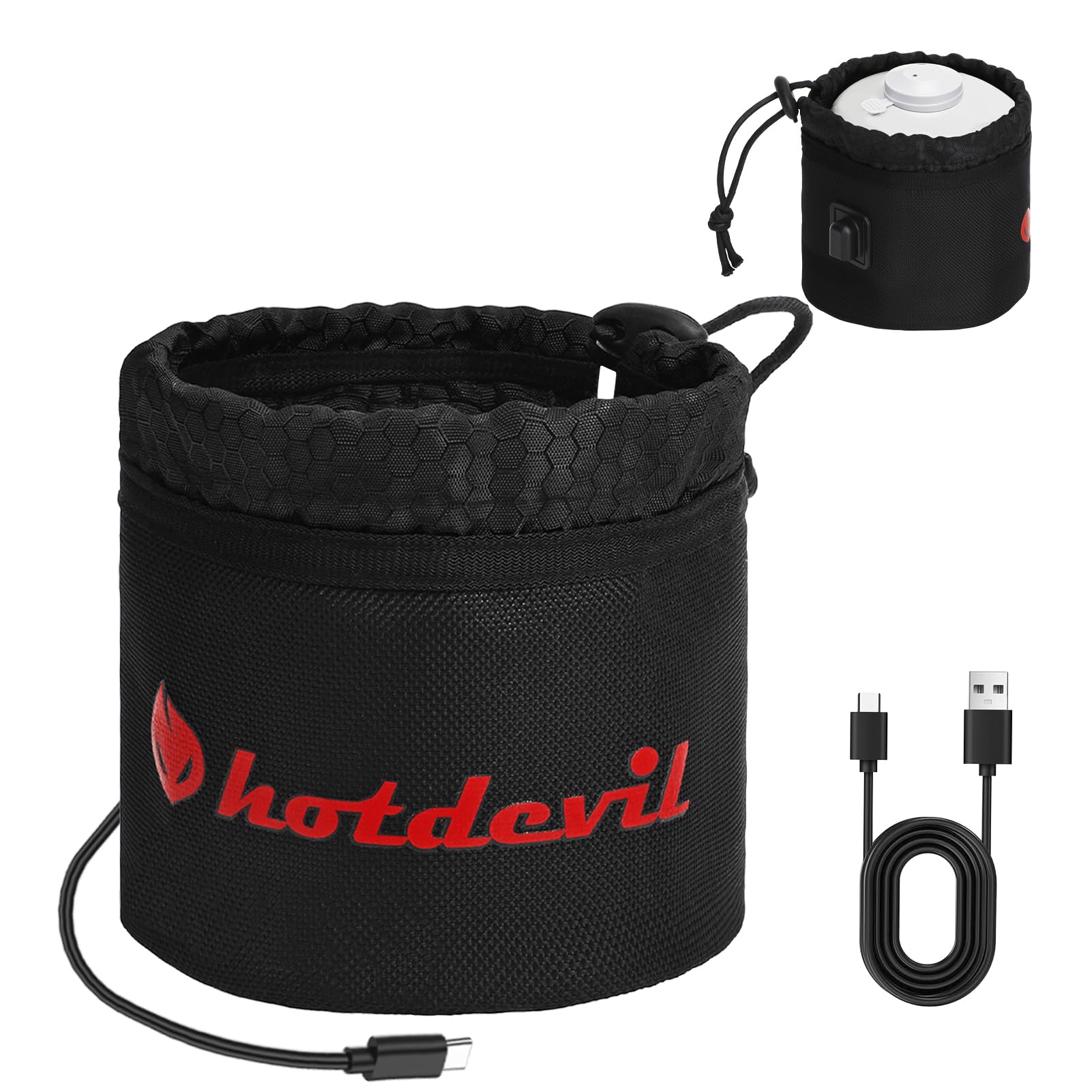 HOTDEVIL Isobutane fuel canister storage bag Suitable for 100g fuel tanks Electrically heated Type-C 5V 2A Temperature rise up to 50°C and constant temperature for Outdoor Camping Cooking Hiking BBQ