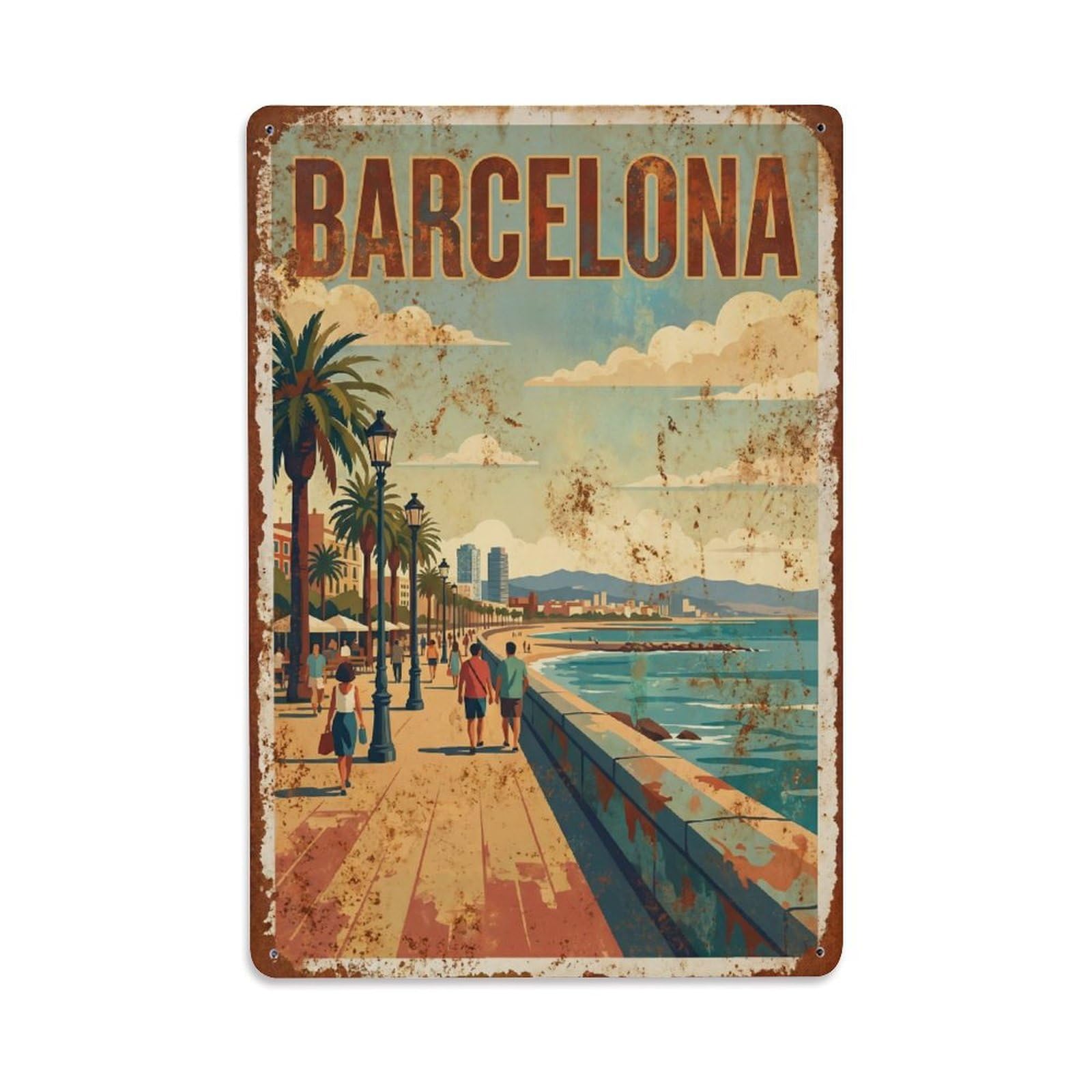 Okngb Style Retro Boardwalk Barcelona Spanish Coastal Travel Harbor Metal Tin Sign Plaque Wall Decor For Cafe, Man Cave, Club Bar, Office, Home Garden Round Metal Poster 8X12inch