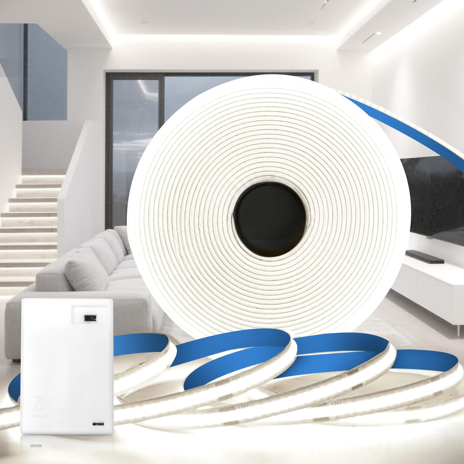 KSIBNW 1M LED Streifen Batterie, Lichterkette Batterie COB LED Strip Batteriebetrieben Weiß 6000K Lichtleiste LED Selbstklebend Indirekte Beleuchtung für Küche Vitrinen Treppen Bücherregal