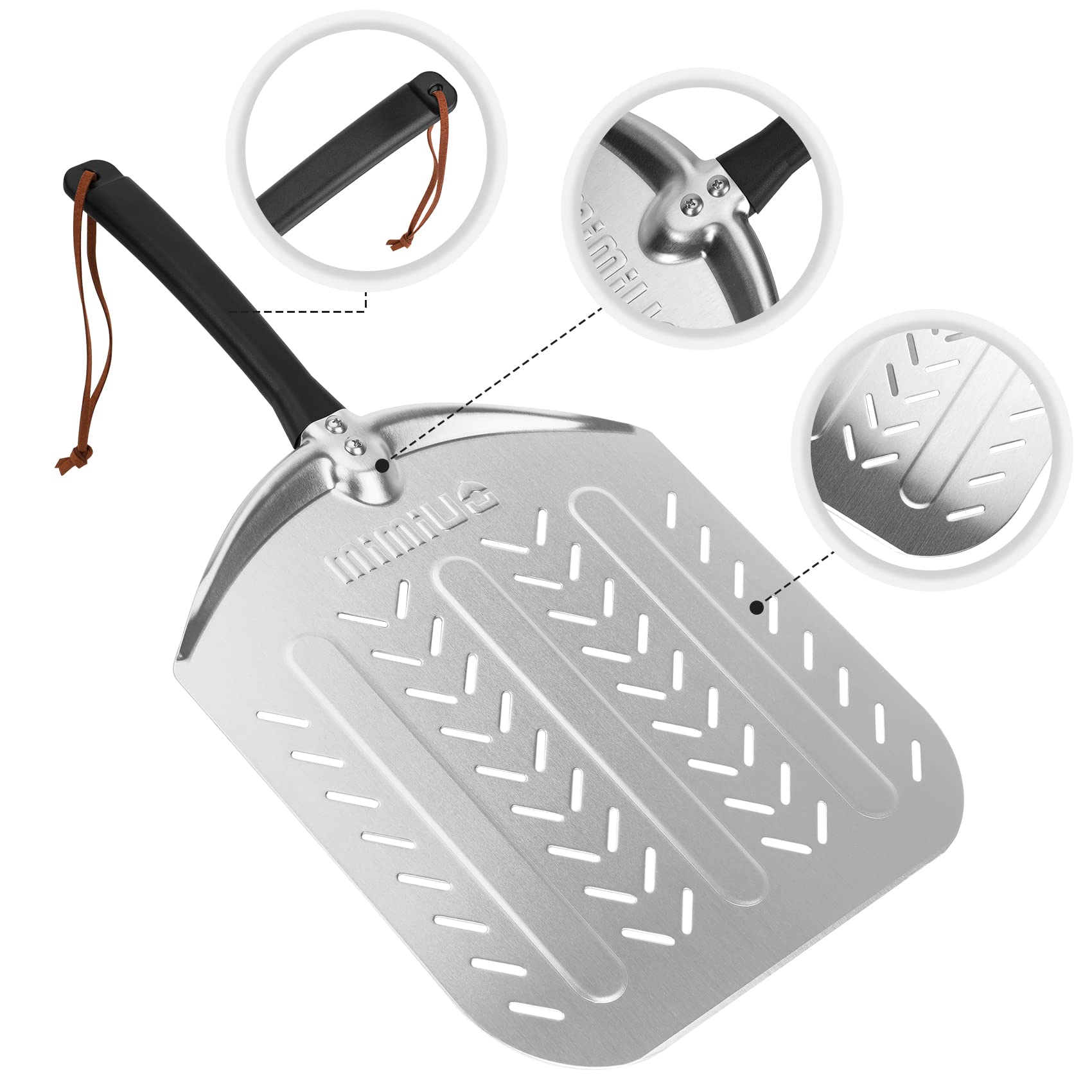 Mimiuo Pala para Pizza de Aluminio,Pala de Pizza Perforada,para Cualquier Horno de Parrilla de Pizza al Aire Libre o Interior,30.5×34.5 cm
