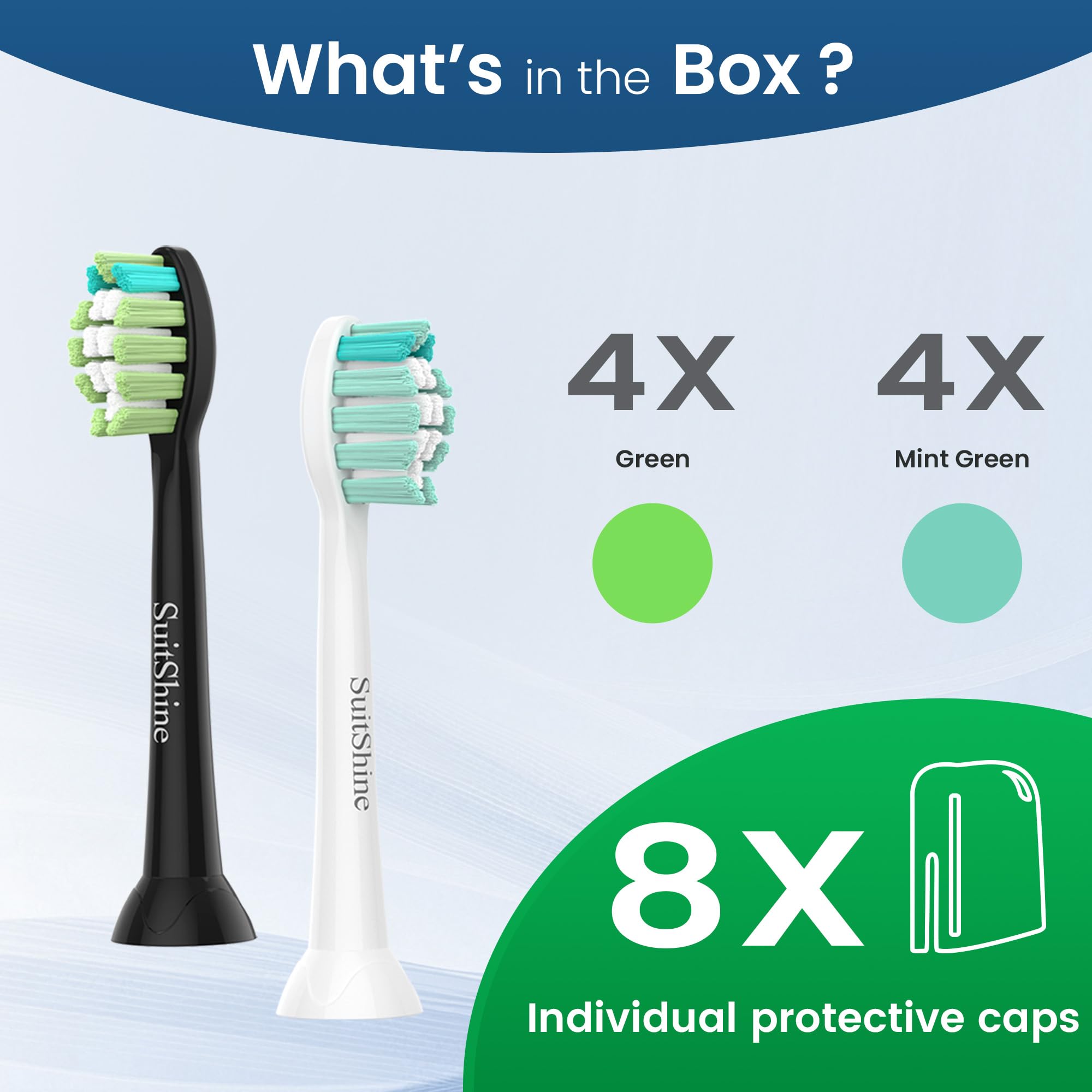 SuitShine Cabezales de repuesto para cepillo de dientes compatibles con Philips Sonicare y más asas de clic, paquete de 8 unidades, color blanco y negro