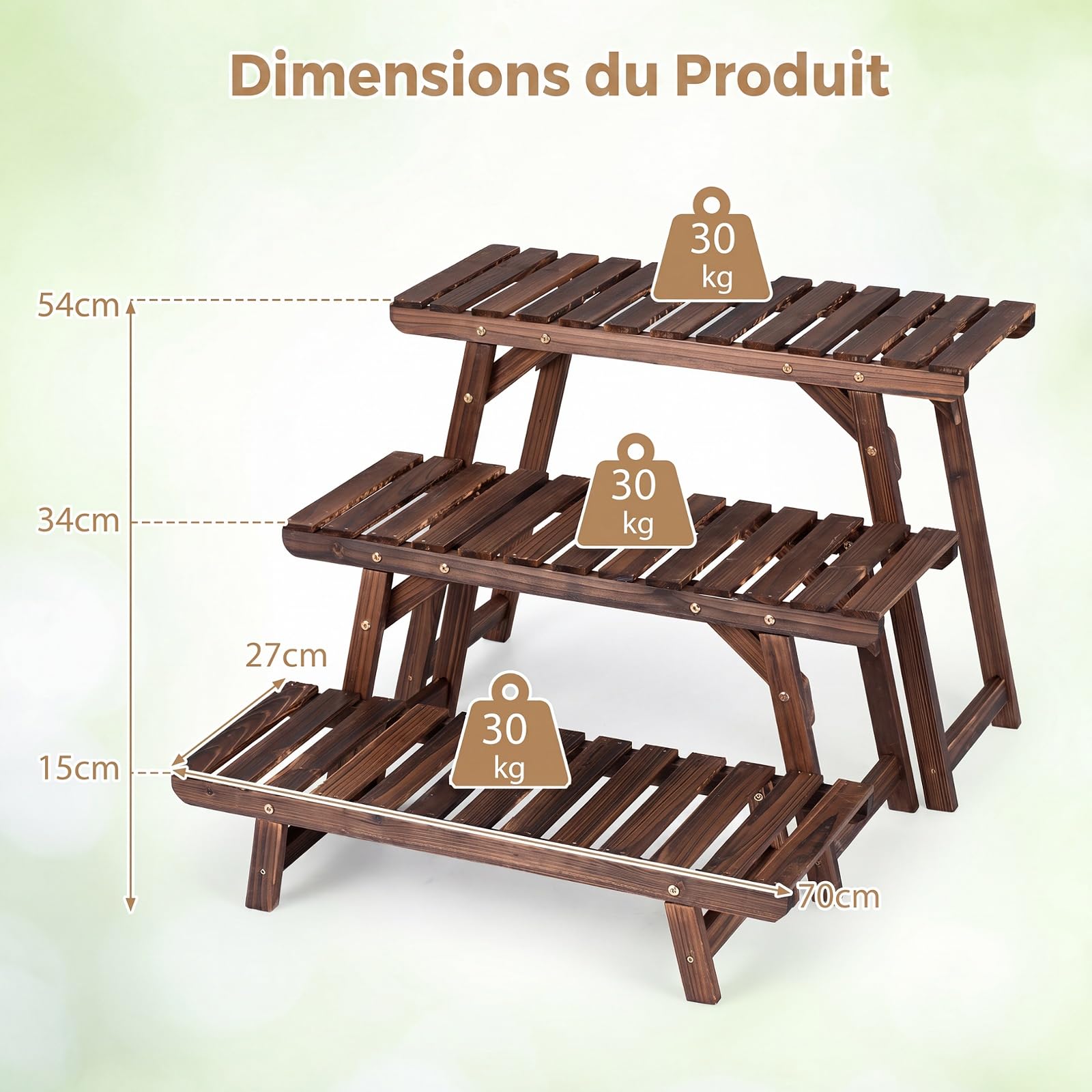 COSTWAY Étagère pour Plantes en Bois 3 Niveaux Indépendant Echelle Escalier Porte-Plante Longueur 70CM Charge 10KG par Niveau pour Jardin Terrasse Balcon
