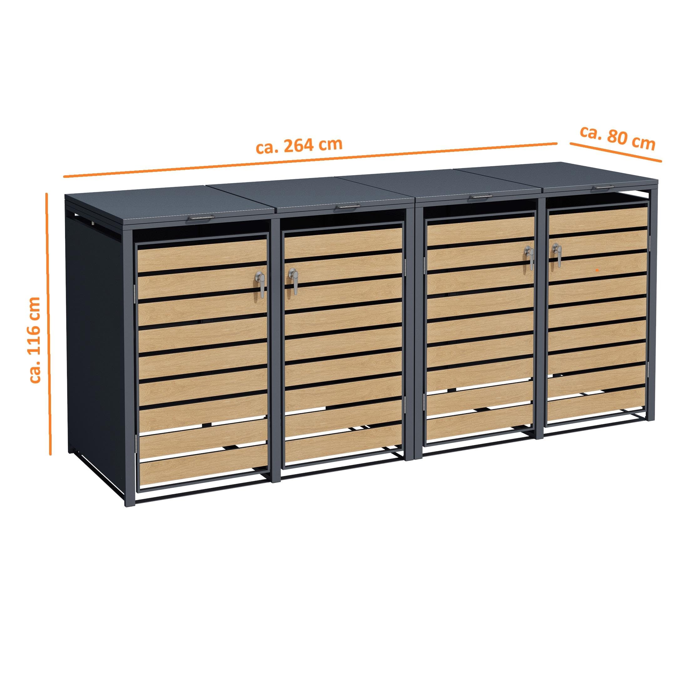 ESTEXO Mülltonnenbox Mülltonnenverkleidung mit Deckel Aufbewahrungsbox Müllbox Anthrazit mit Holzdekor (4 Türen)