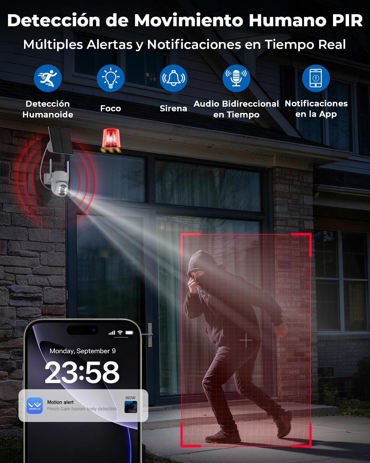 WESECUU Cámara Vigilancia WiFi Exterior Solar Inalámbrica 2.5K 4MP con Panel Solar 5W, Batería 8000mAh, WiFi 2,4 y 5GHz, PTZ 360°, Seguimiento Automático, IP66, Grabación 24H