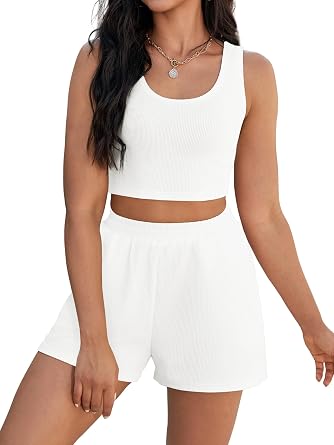 Short Sets for Women Summer Lounge Set Ribbed Knit Crop Tank Tops Shorts Sets with Pocket Vacation Outfits