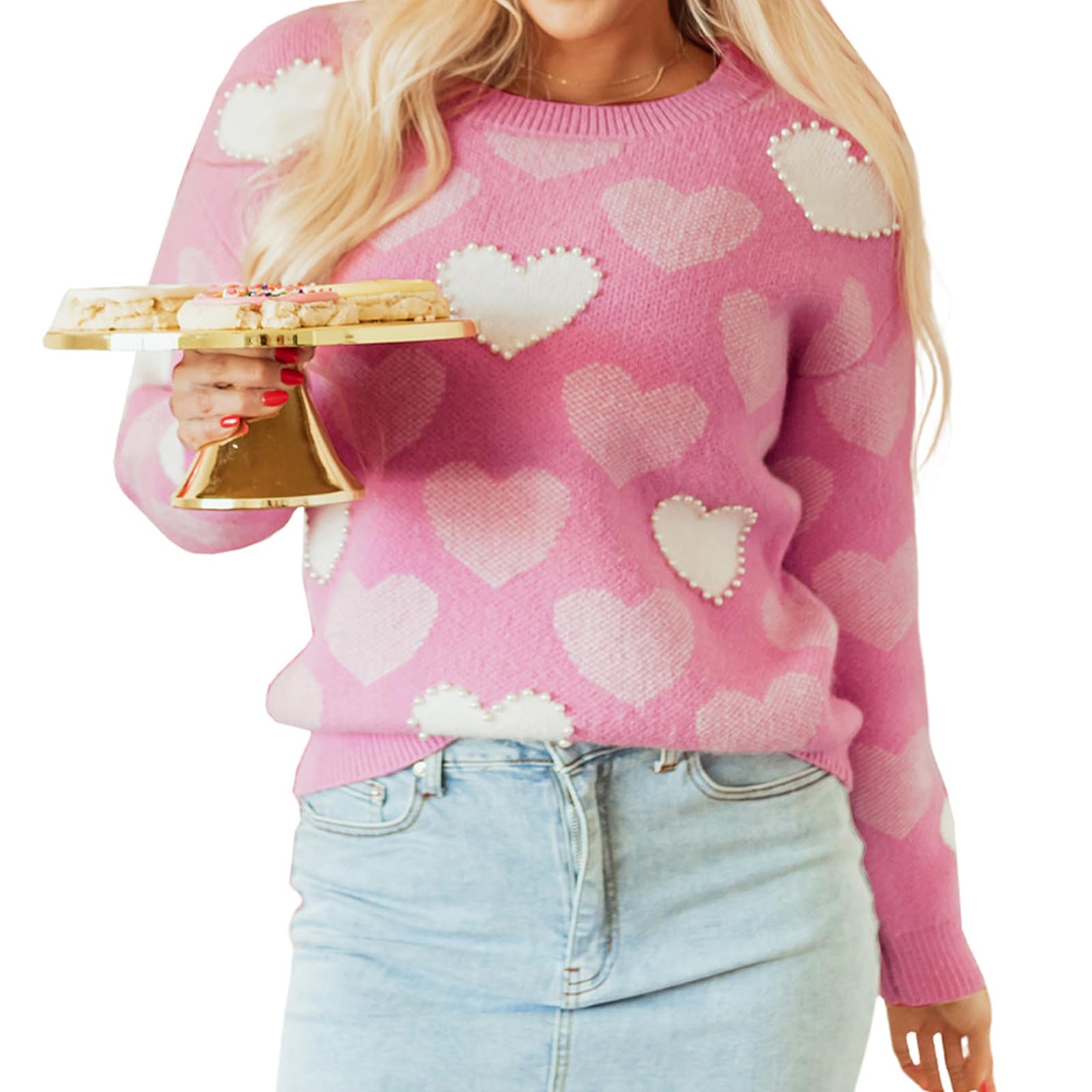 Womens Heart Pullover Sweaters Valentines Crewneck Long Sleeve Oversized Sweater Blouse Casual Loose Sweatshirt