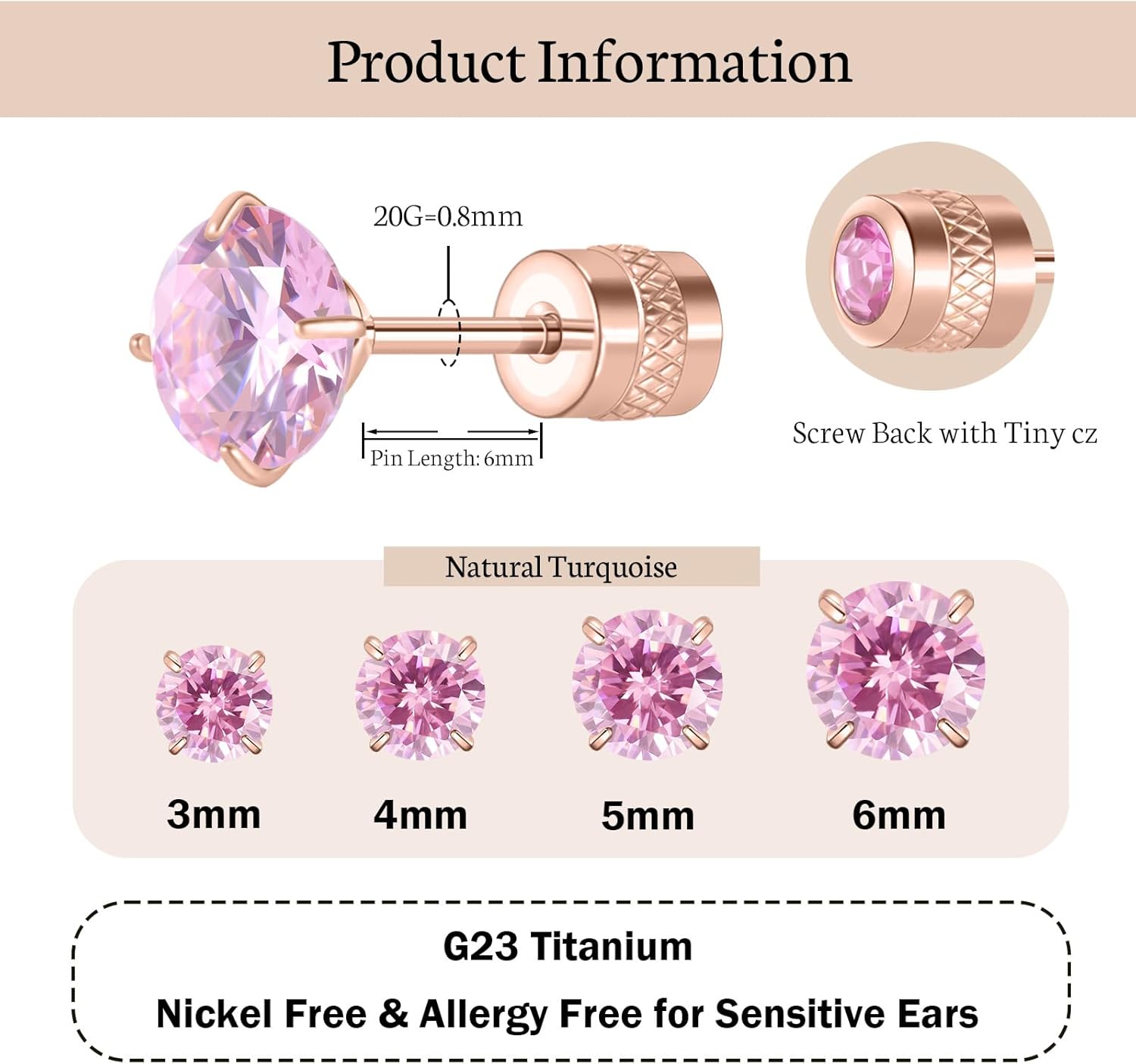 Hopply G23 Pure Titanium Earrings,20G Hypoallergenic Implant Grade Flatback 5A Cubic Zirconia Earrings Studs, Suitable for Women Men Sensitive Ears Jewelry Gift - Image 2