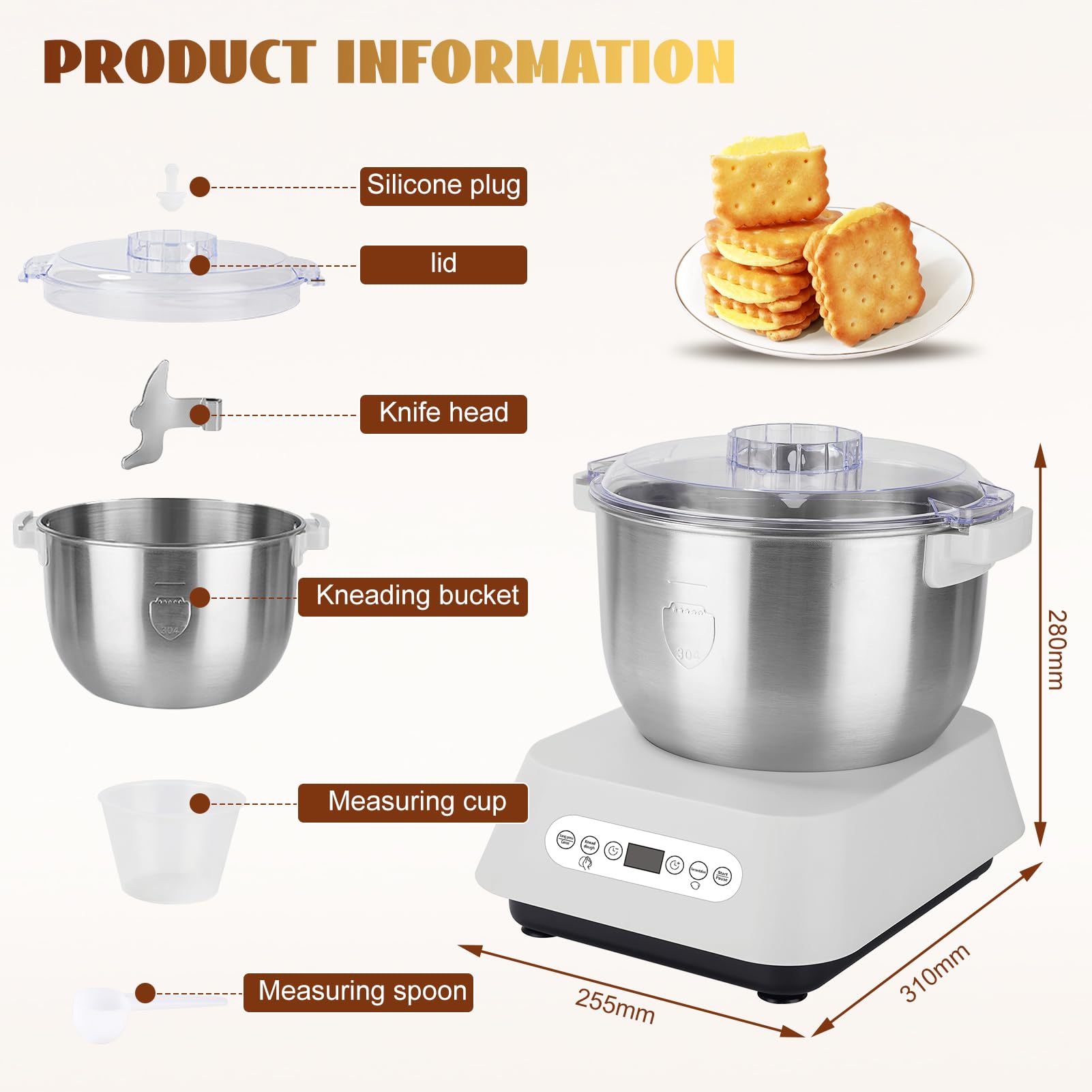 Machine à Pâte avec Fonction de Fermentation,Mélangeur de Farine de Pâte en Acier Inoxydable Antiadhésif,Mélangeur pâte Conception Divisée, Minuterie Intelligente, avec lames Remplaçables,7L