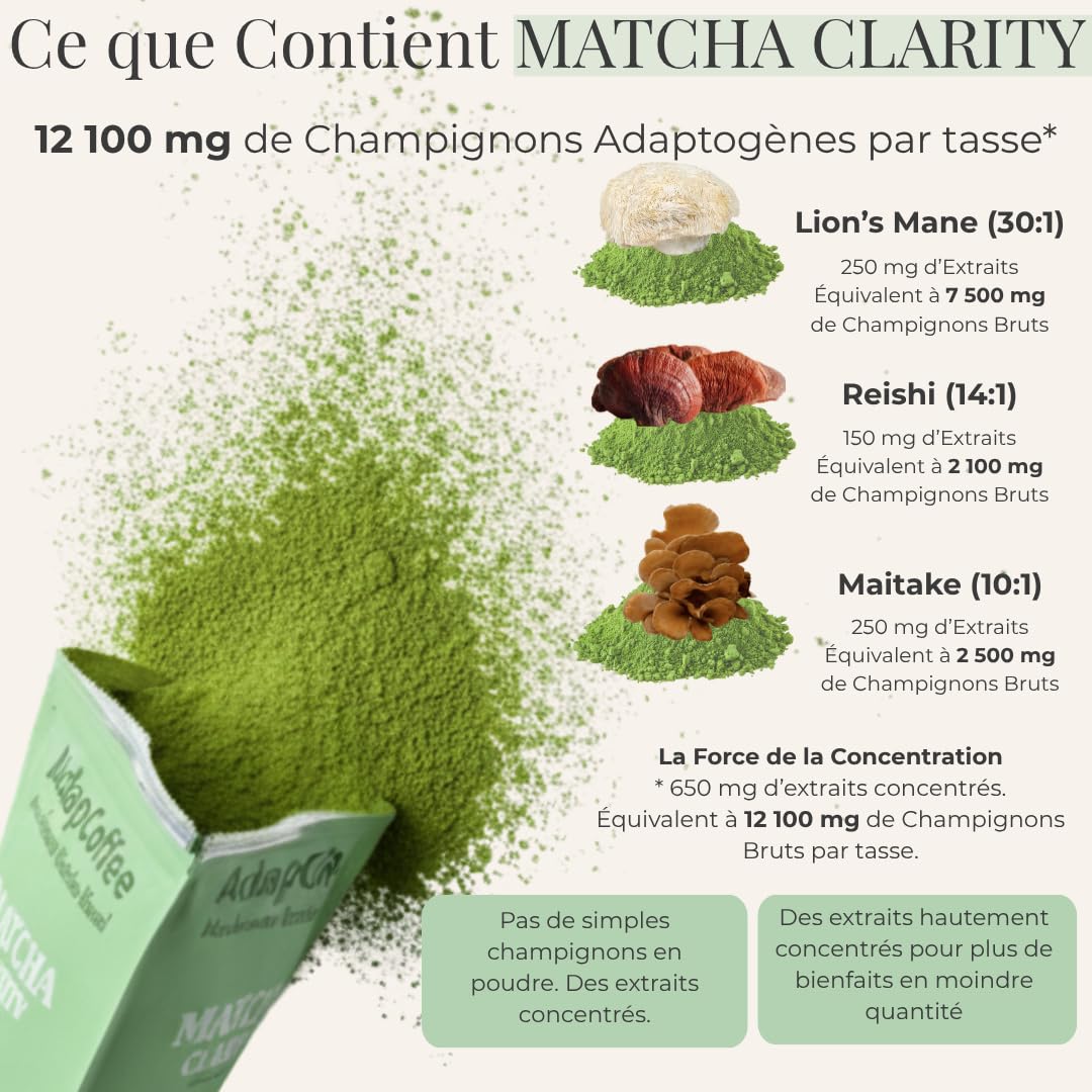Matcha Clarity – Thé Matcha Cérémonial aux Champignons Adaptogènes – Lion’s Mane, Reishi & Maitake – Énergie Naturelle & Concentration – Vegan, Sans Sucre Ajouté – 25 tasses (100g)