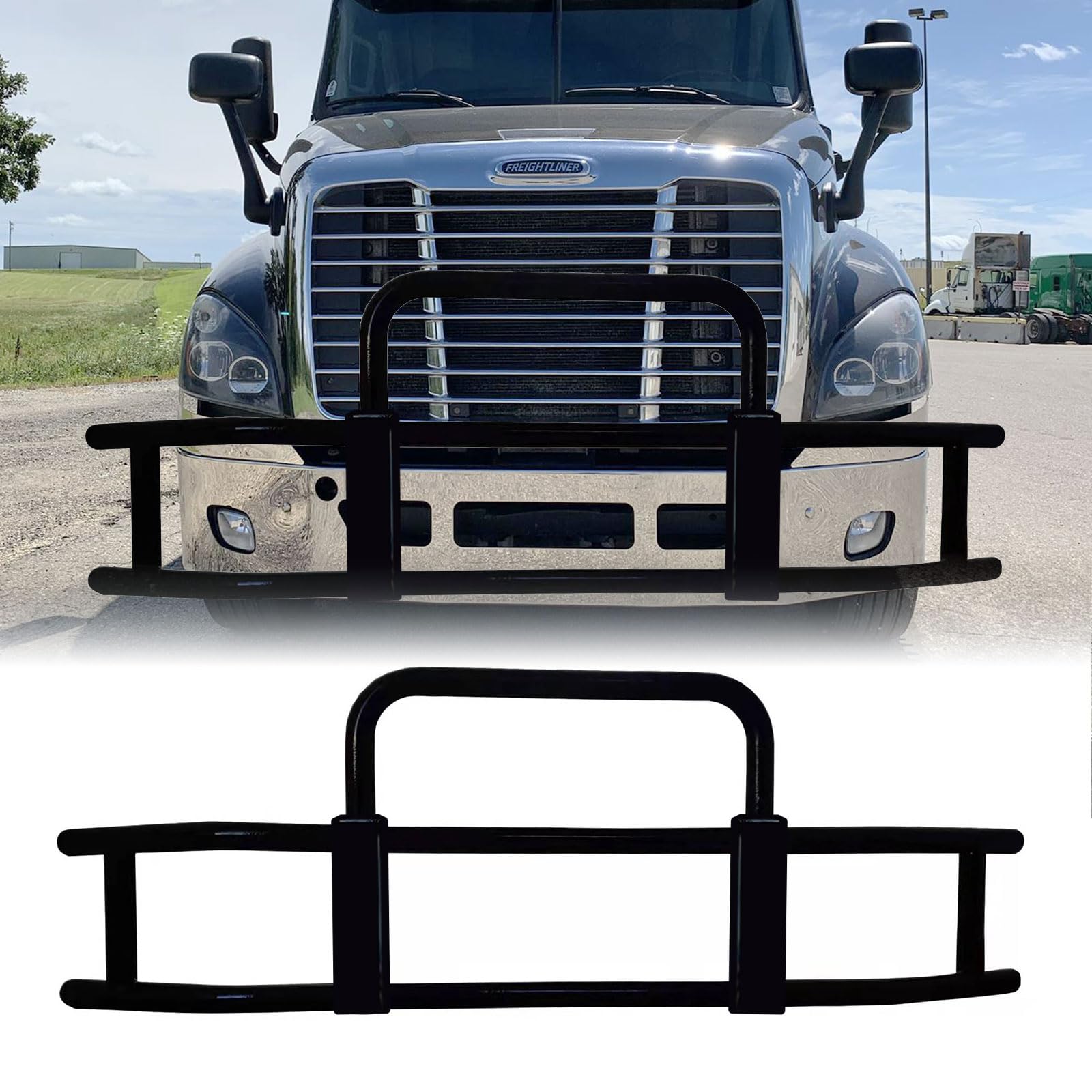 QNDS Deer Guard Compatible with 2008-2017 Freightliner Cascadia, Front Deer Guard Bumper Premium Iron Deer Moose Guard with Brackets Hardware, Style E