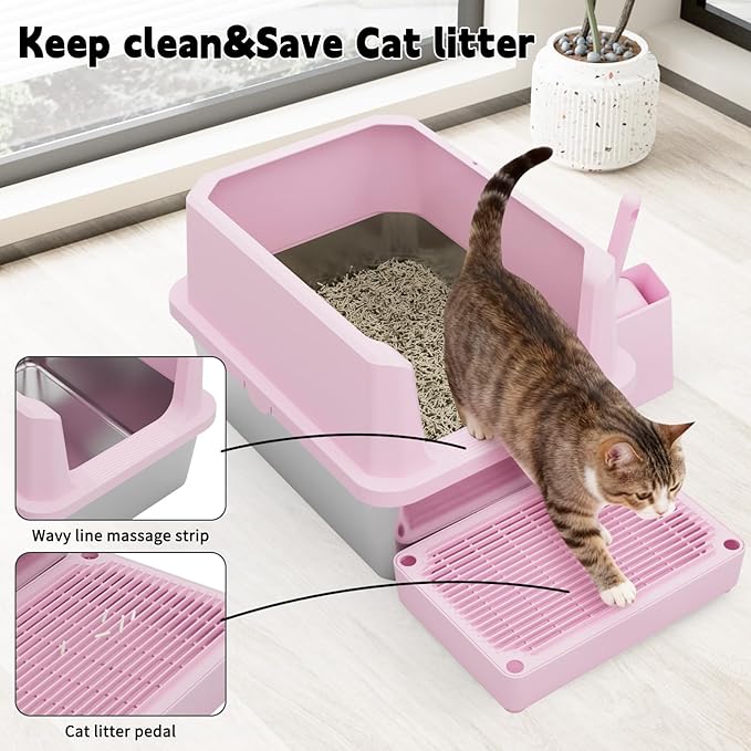 Bandeja de arena para gatos RIZZARI de acero inoxidable tamaño grande, diseño abierto, fácil de limpiar, con orillas altas y recogeesquinero miniatura 5