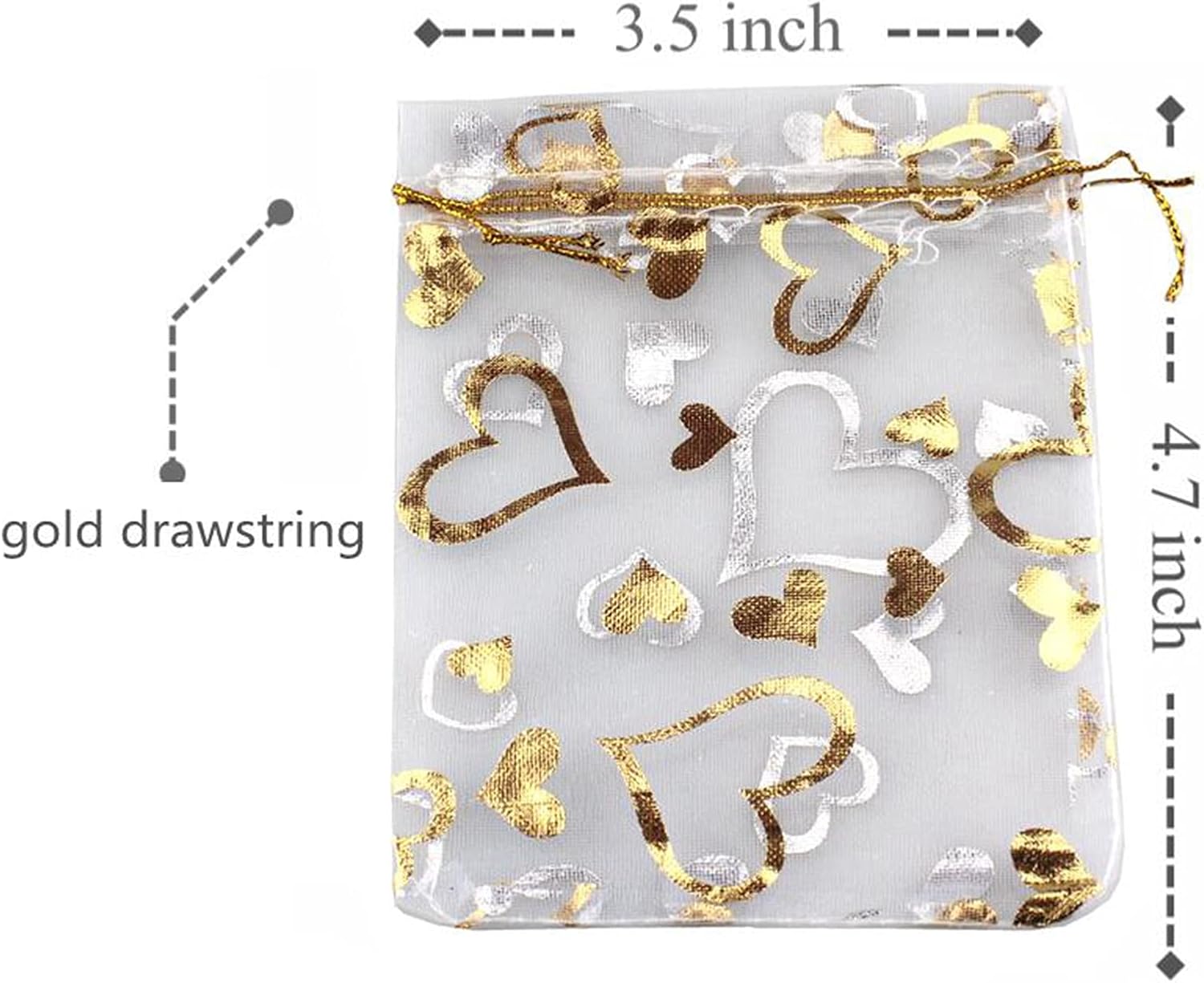 QIANHAILIZZ 100 pcs 3.5 x 4.7 Inch Flower Heart Organza Jewelry Gift Pouch Candy Pouch Drawstring Wedding Favor Bags (A white with gold heart)