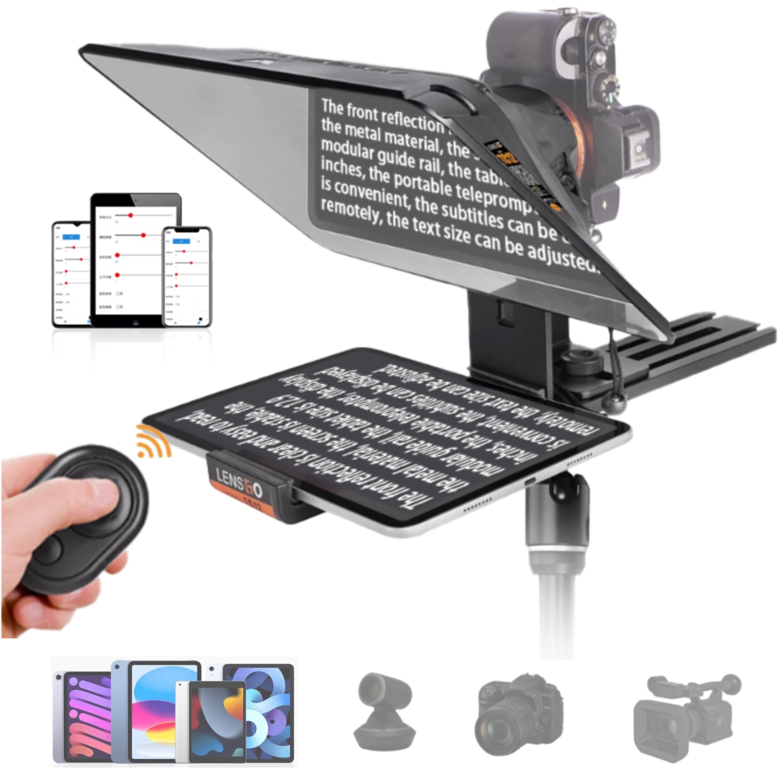 LENSGO TC12 Teleprompter para cámara DSLR/sin Espejo y Tablet de hasta 12,9 Pulgadas. Teleprompter Profesional para grabación de vídeo, vlogging, transmisión en Vivo.